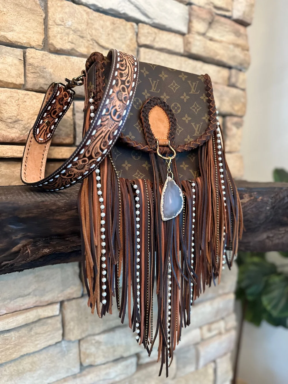 Brown Leather Handbag with Louis Vuitton Patch & Fringed Tassels