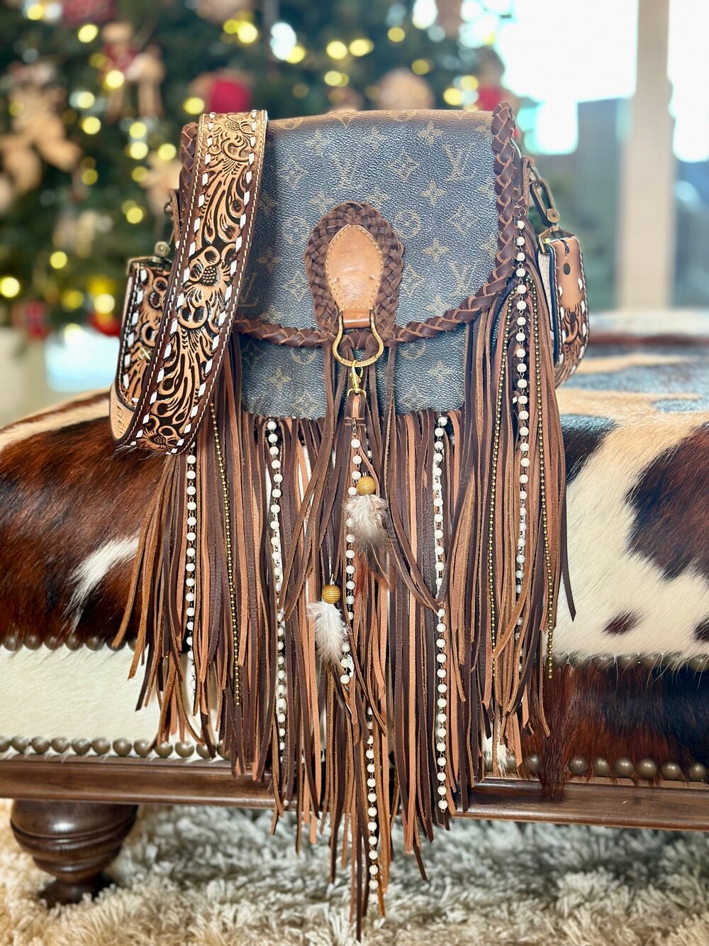 The Austin Bag Large Brown/Tan with Beads and Feathers — Classic