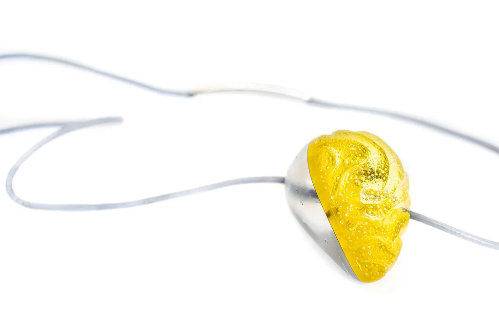 Lemon Fruit Pendant, 2016 Carved acrylic, sterling silver, leather, resin Image by Adam Carscadden