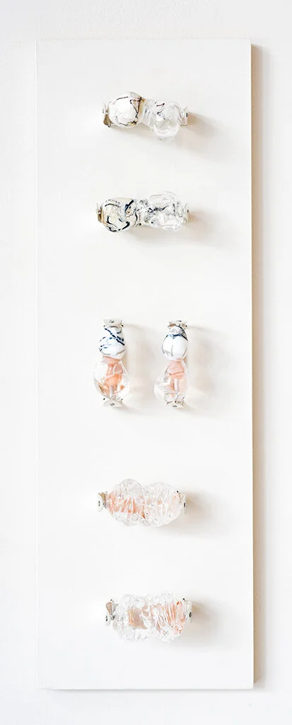 Flesh and Stone Rings, in situ at Mary E. Black Gallery Lamp-worked glass, sterling silver Image by Grace Laemmler