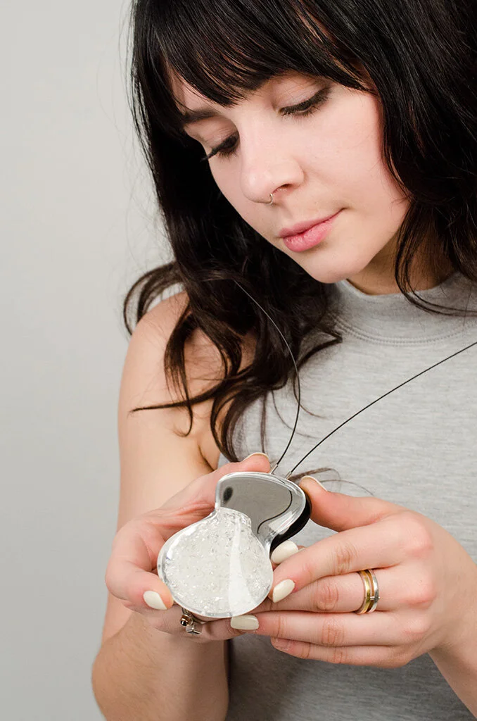 Vessel Pendant, 2016 Carved acrylic, sterling silver, guitar string Image by Grace Laemmler