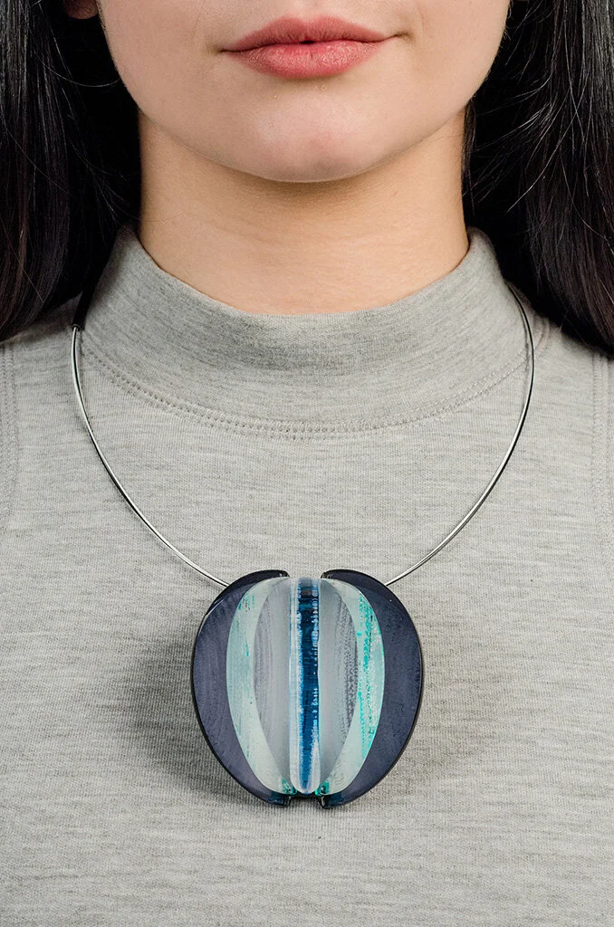 Glimpse Pendant, 2016 Acrylic, powder coated brass, sterling silver, nylon Image by Grace Laemmler