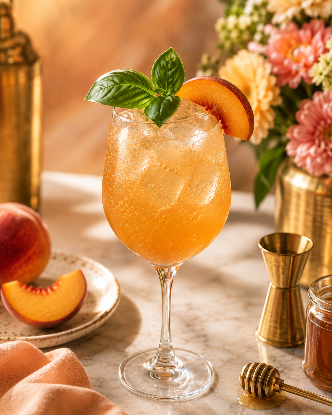 Golden Peach Basil Fizz