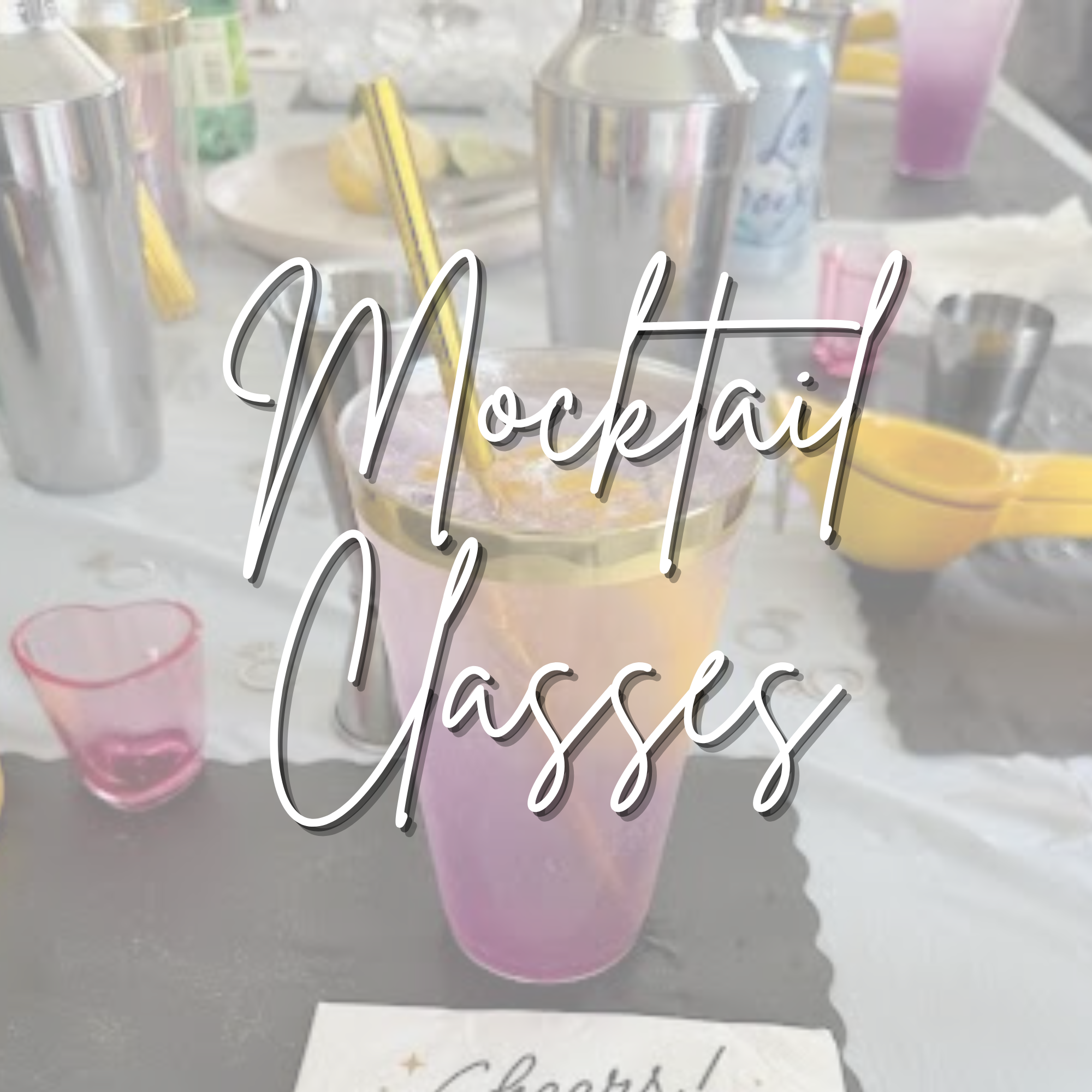 Pink mocktail and cocktail-making tools at a BarBees class