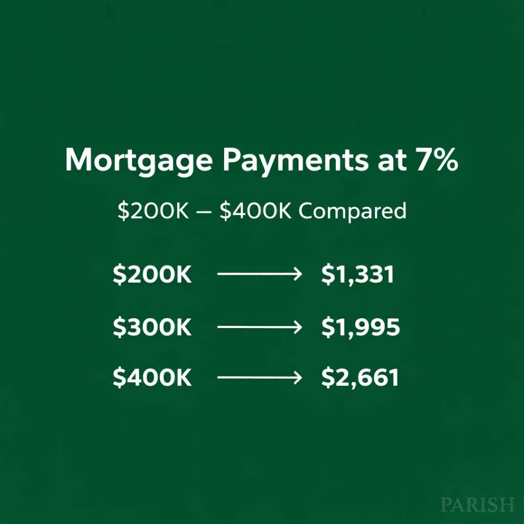 How Louisiana Mortgage Payment Change at 7%: $200k to $400k Compared