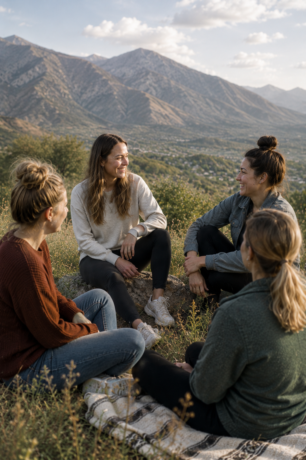 Five women sitting in a circle outdoors on a grassy hill, smiling and talking with mountains in the background during sunset.