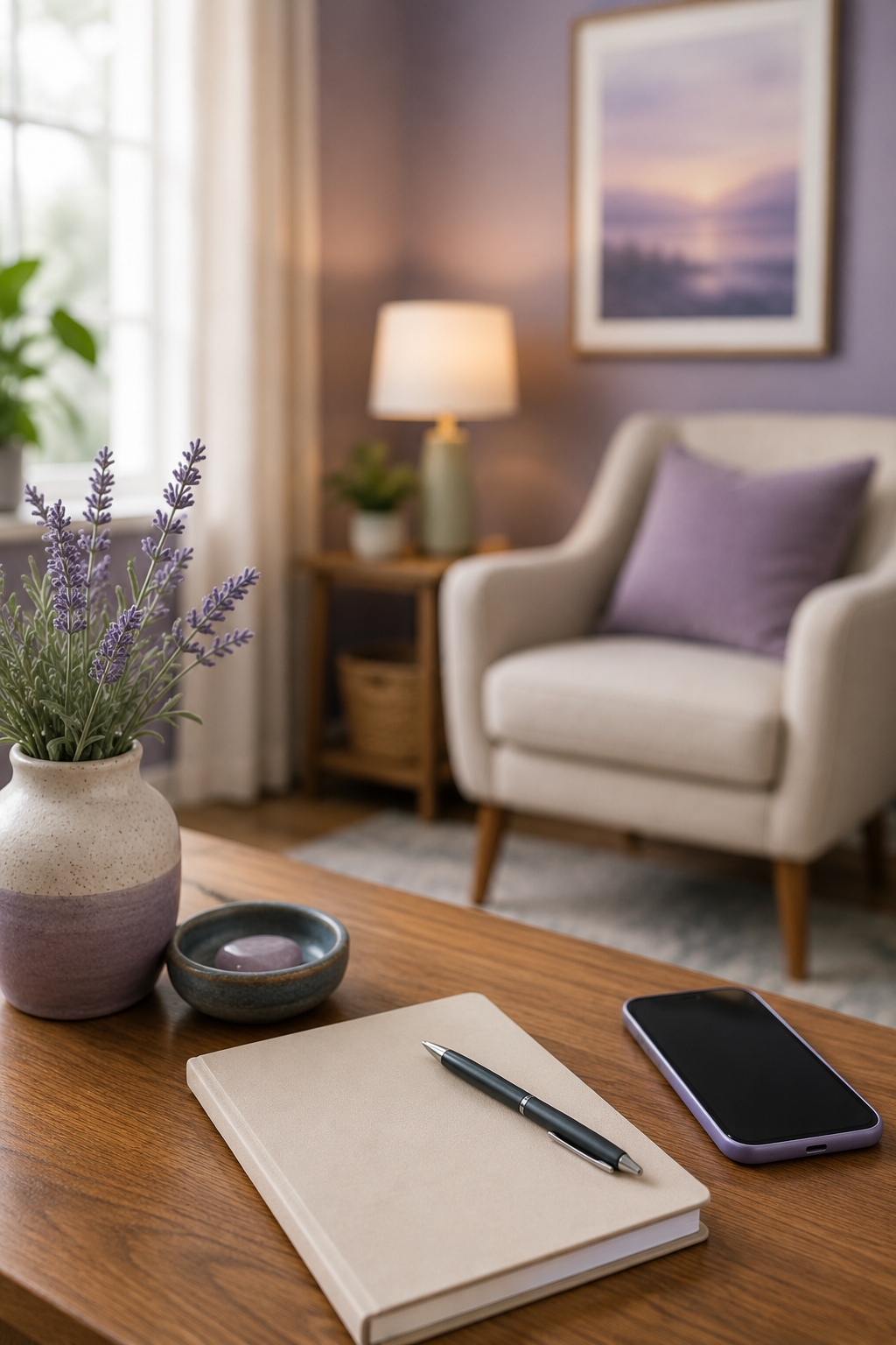 Living room with a wooden coffee table holding a lavender flower vase, a purple candle, a closed beige notebook, a black pen, and a purple smartphone. In the background, a cream armchair with purple pillow, a side table with a potted plant and a lamp, a framed landscape picture on a purple wall, and curtains near a window.
