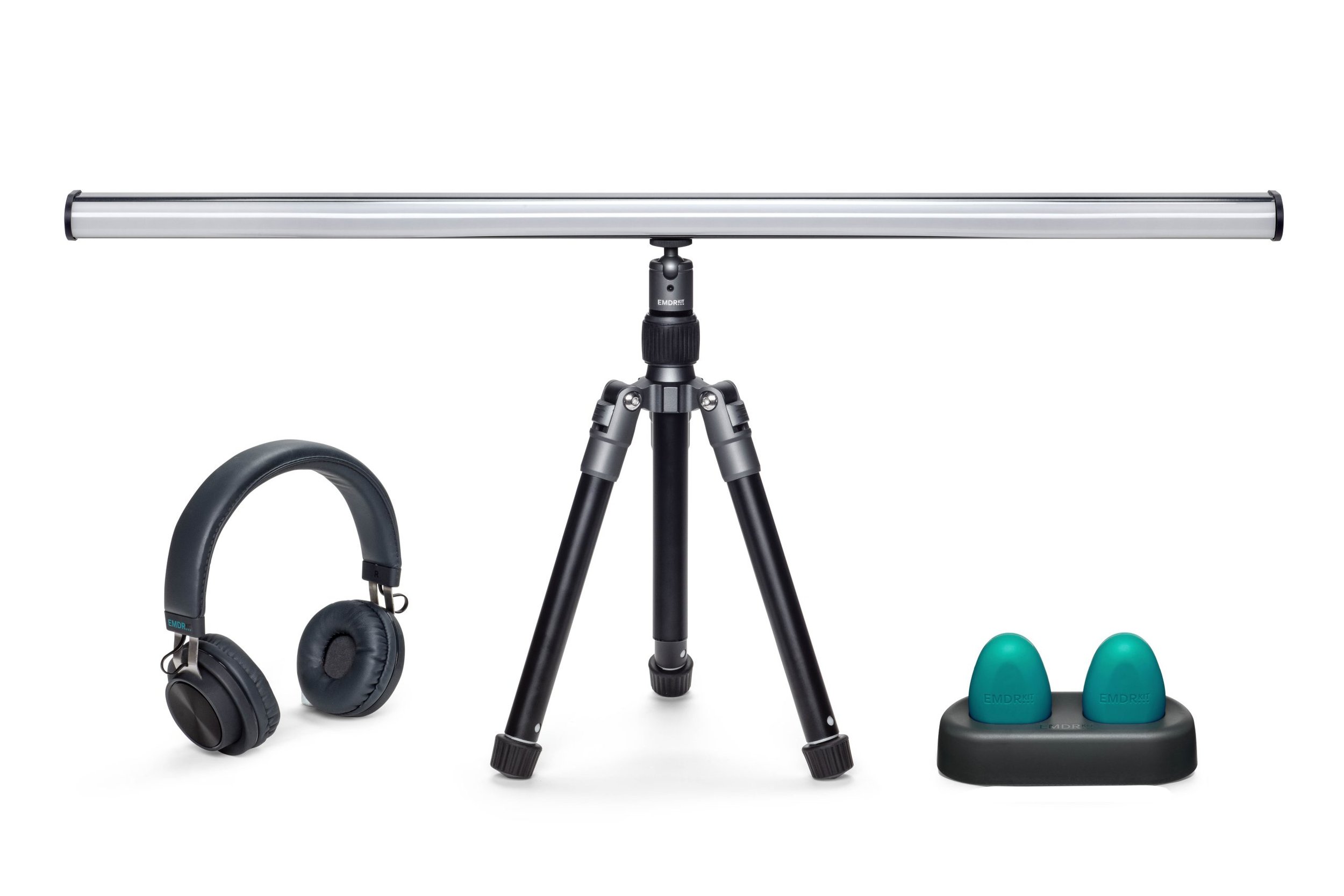 A wireless EMDR kit with a light bar on a tripod, headphones, and handheld tappers for bilateral stimulation. These tools help guide the brain through stuck memories. Purple Sky Counseling offers EMDR therapy in Utah, in person and online.