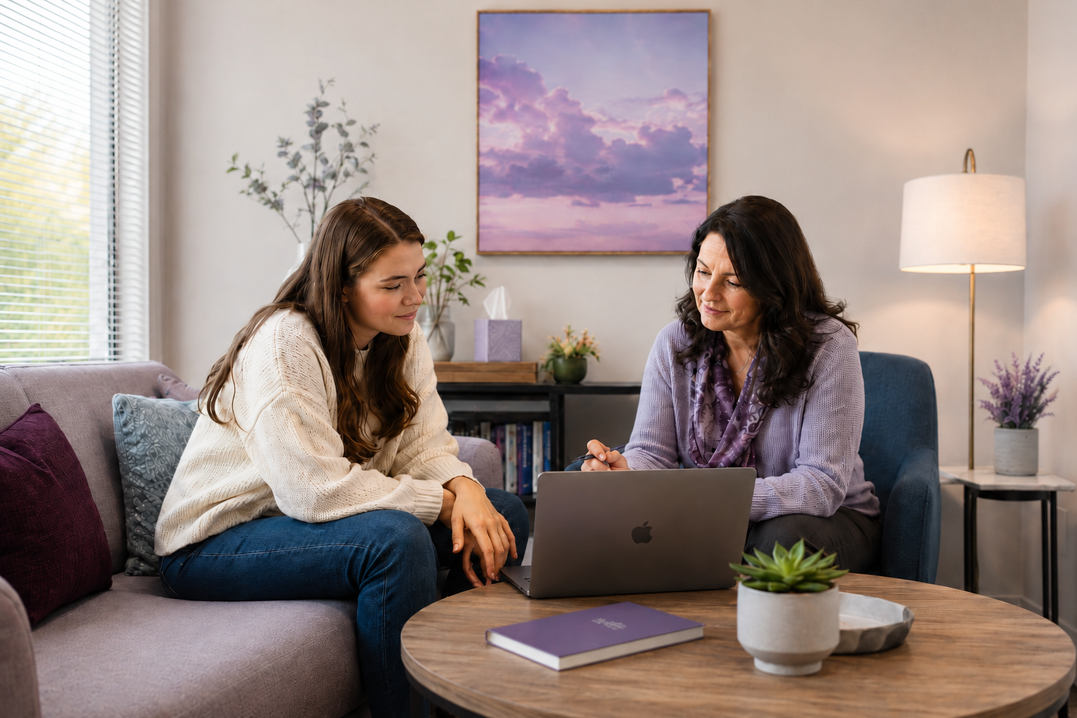 A woman and a young girl sitting on a sofa in a cozy living room, looking at a laptop on a coffee table, with houseplants, books, and wall art in the background.