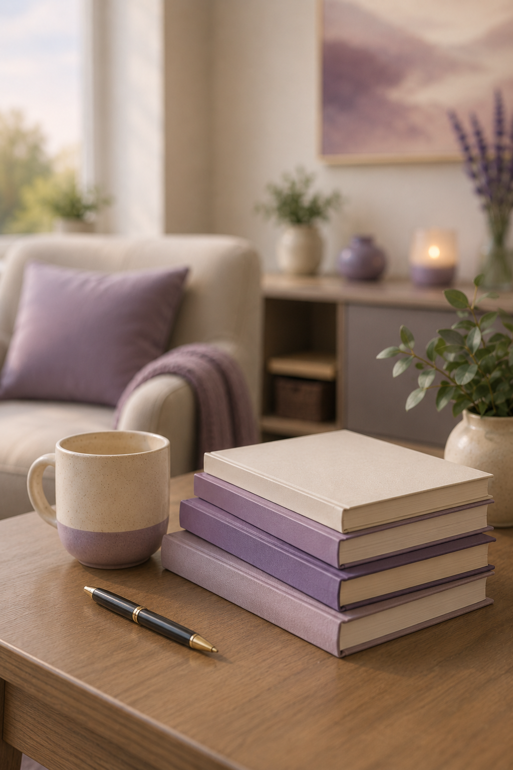 A cozy living room with a wooden table holding a stack of five books in pastel colors, a speckled beige and purple mug, and a black and gold pen. In the background, there is a sofa with a purple pillow, a purple throw blanket, a sideboard with potted plants, vases, and candles, and a framed mountain landscape painting on the wall. Natural light filters through a window.
