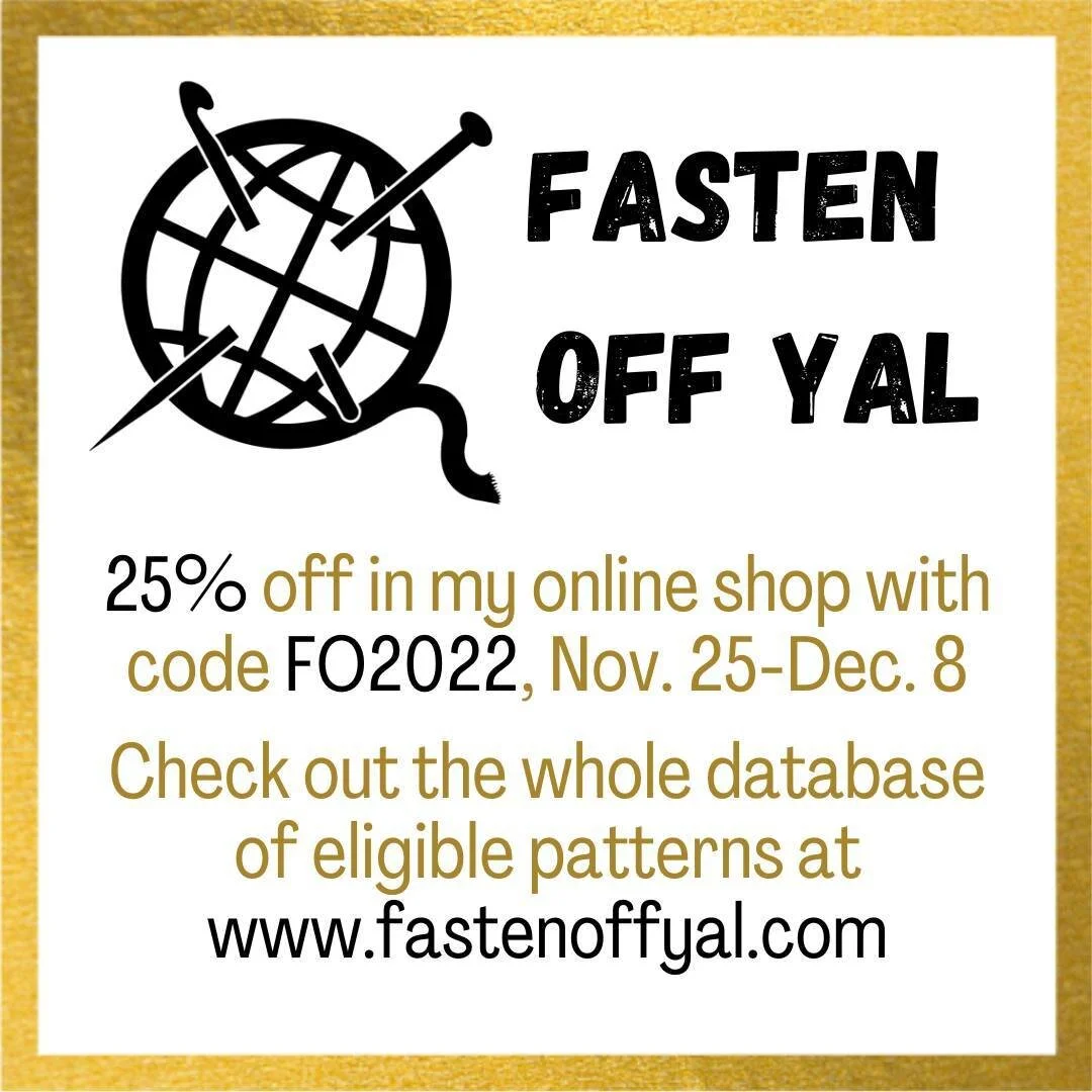 The Fasten Off Yarnalong discount period begins today! The event (yarn along, games, and prizes) continues through the end of the year, but the discount is only around for 2 weeks so don't miss out!⁠
Swipe to see what I've got available, then head ov