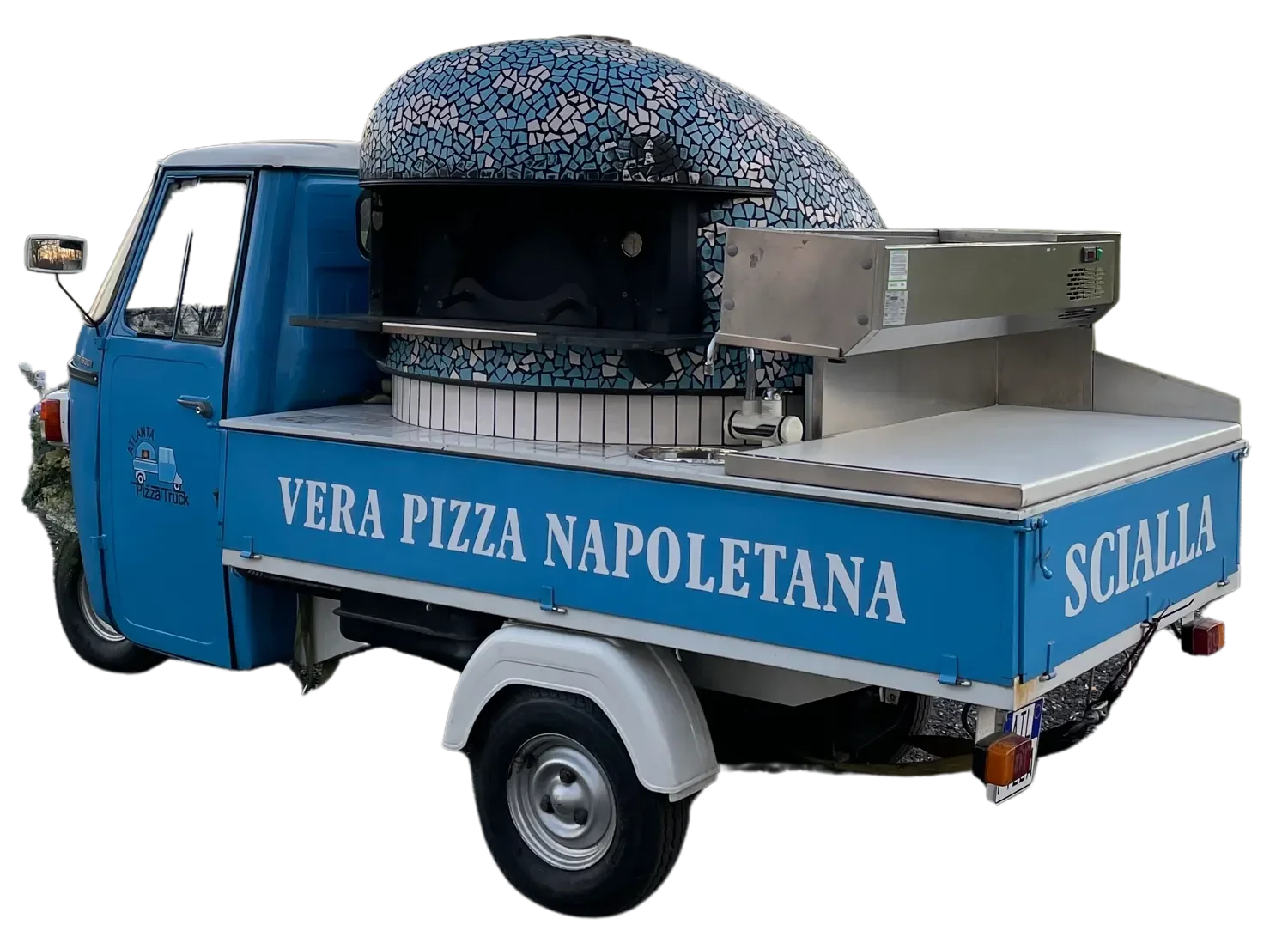 Atlanta Pizza Truck blue Piaggio ApeCar with a Neapolitan pizza oven