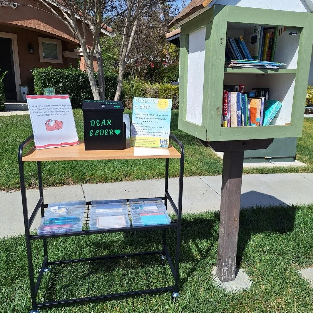 Most of our "Dear Elder" mailboxes stay indoors, as letter-writing and drop-off stations for library- and cafe-goers, but Erin &amp; her family keep theirs outside on nice days! Erin Sunderland has been a letter-writer for us for years, and