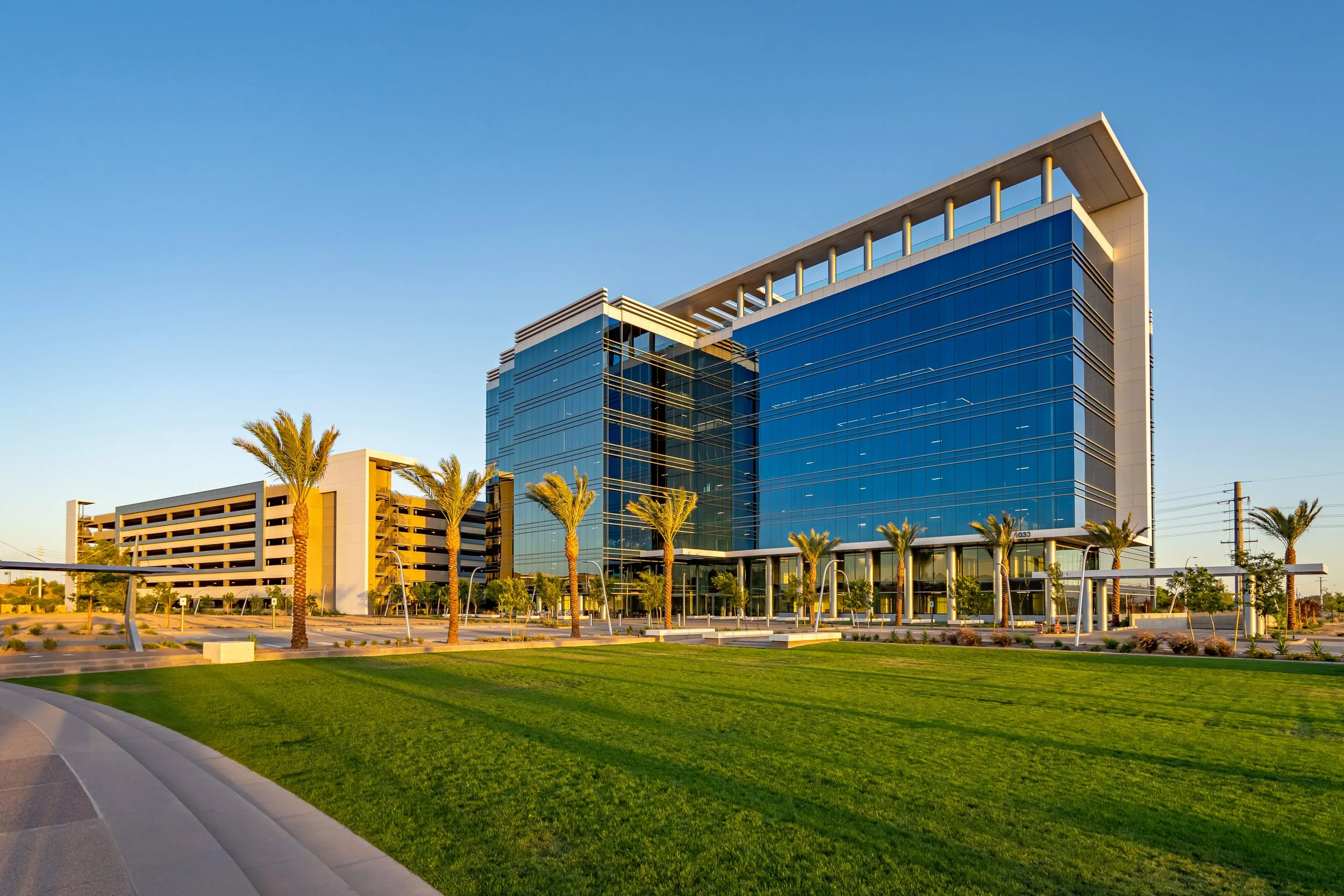 Modern office building with blue glass windows, surrounded by palm trees and a well-maintained green lawn, under a clear blue sky.