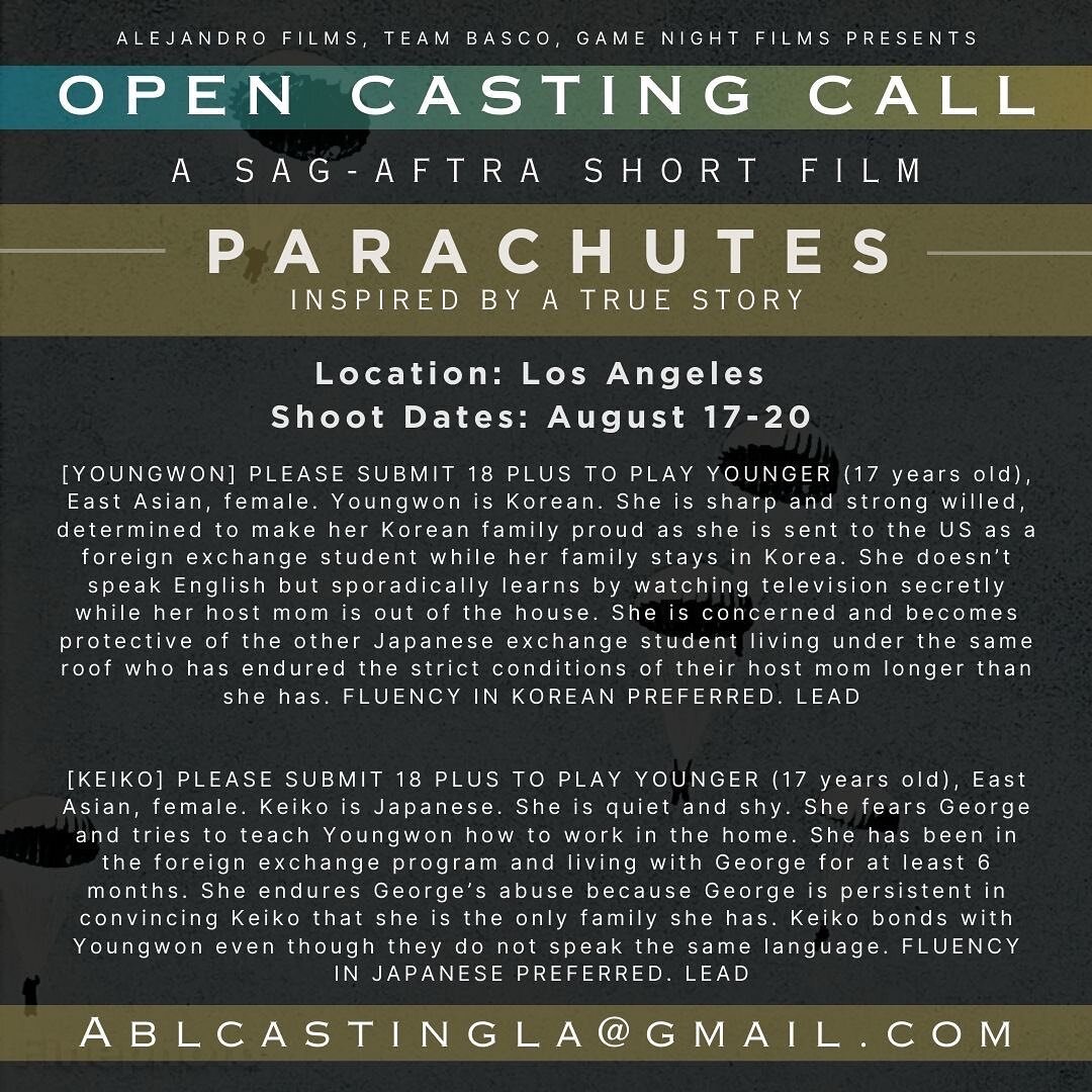 Attention ACTORS:

🚨 OPEN CASTING CALL 🚨

Please contact: 
Ablcastingla@gmail.com

[YOUNGWON] PLEASE SUBMIT 18 PLUS TO PLAY YOUNGER (17 years old), East Asian, female. Youngwon is Korean. She is sharp and strong willed, determined to make her Korea