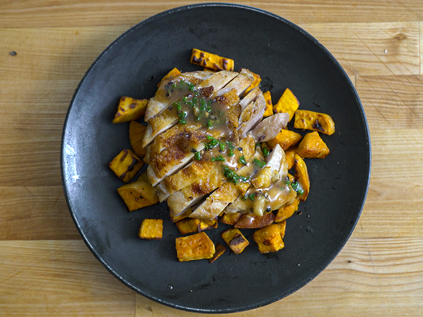 Crispy Chicken Thighs with Roasted Sweet Potatoes