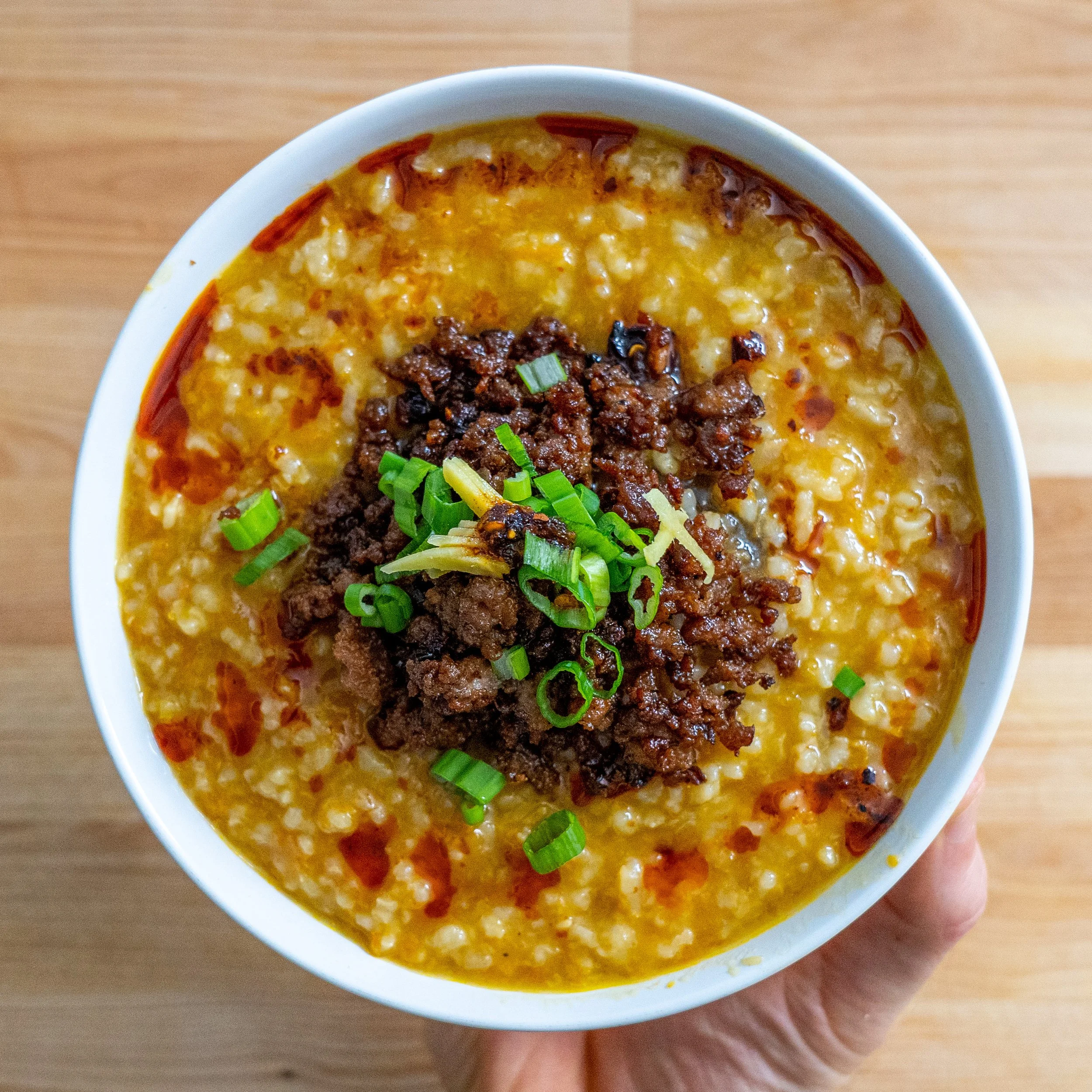 Congee with Crispy Garlic Chile Pork — Ethan