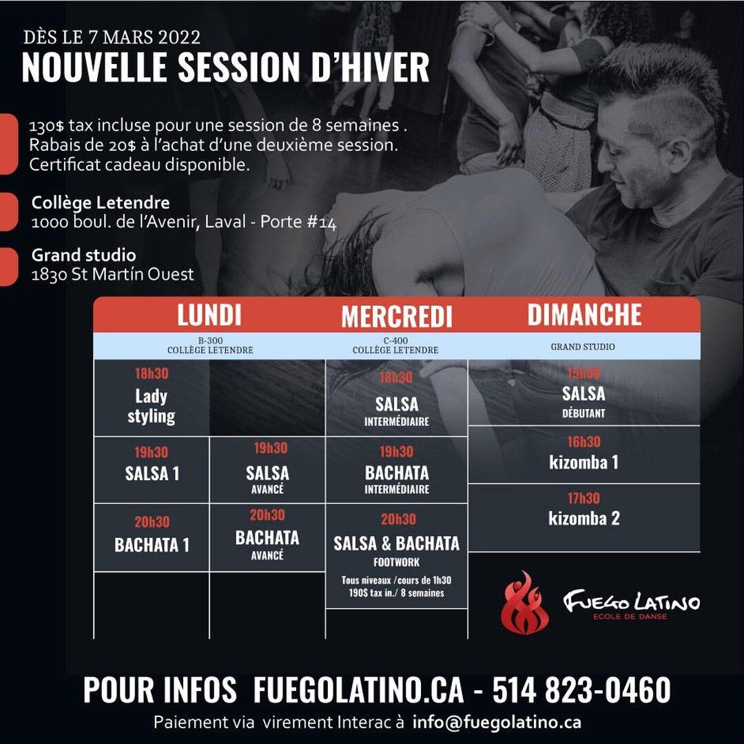 📣 &Ecirc;tes vous pr&ecirc;te pour ce soir ???

Nouvelle session commence aujourd&rsquo;hui 🥳💃🏼🕺🏽Jamais trop tard pour s&rsquo;inscrire ou venir essayer 😁✨ 
Session de 8 semaines : 
130 $ taxes incluses
Cours &agrave; la carte ( drop in ) 20$
