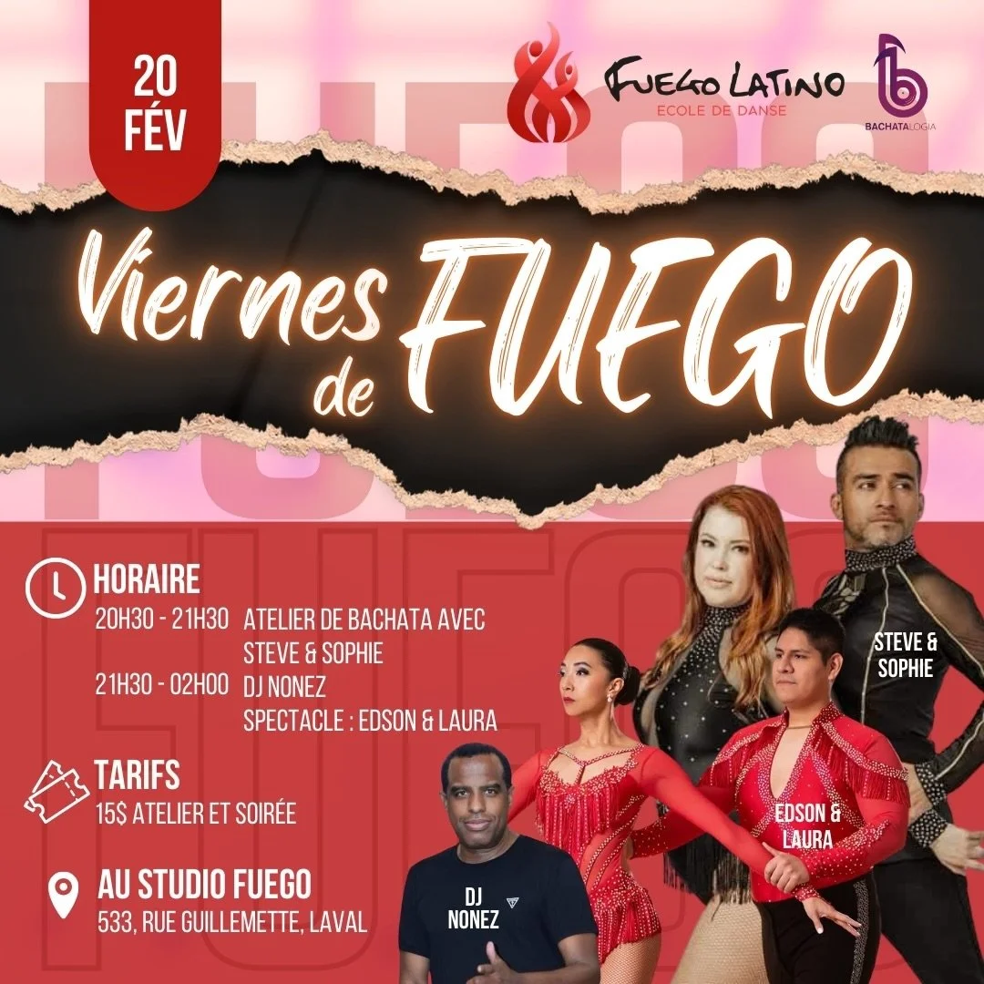 🔥 VIERNES DE FUEGO 🔥
Ce vendredi 20 f&eacute;vrier, le Studio Fuego devient le point de rencontre de toutes les danses latines ❤️&zwj;🔥

✨ Salsa &bull; Bachata &bull; Kizomba &bull; Chachach&aacute; &amp; plus
Une soir&eacute;e pour danser, connec
