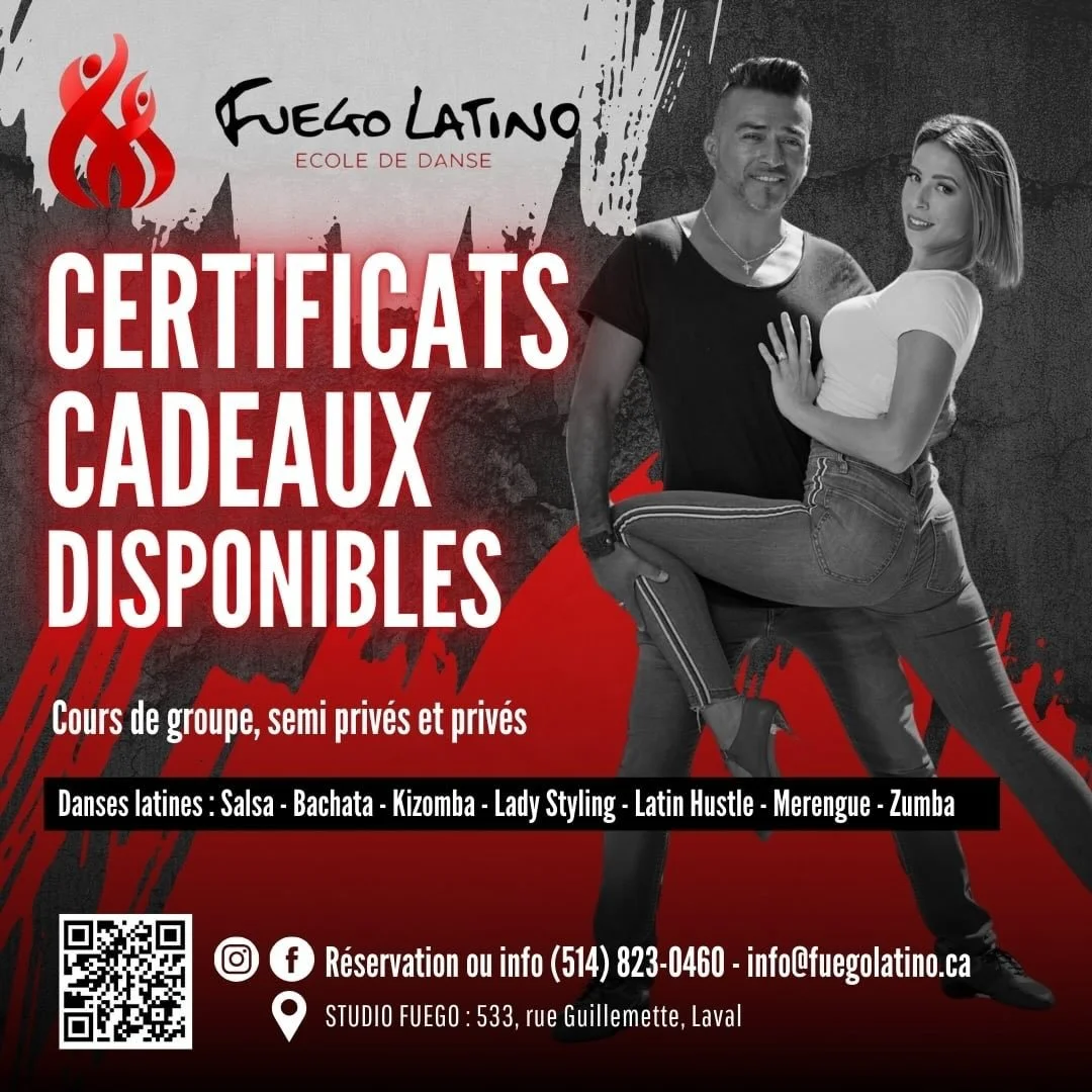 Cette ann&eacute;e, offrez plus qu&rsquo;un cadeau : offrez une exp&eacute;rience ✨ 🎁 
Nos certificats-cadeaux donnent acc&egrave;s &agrave; nos cours de bachata, salsa et plus encore.
Le cadeau parfait pour cr&eacute;er des souvenirs qui font danse