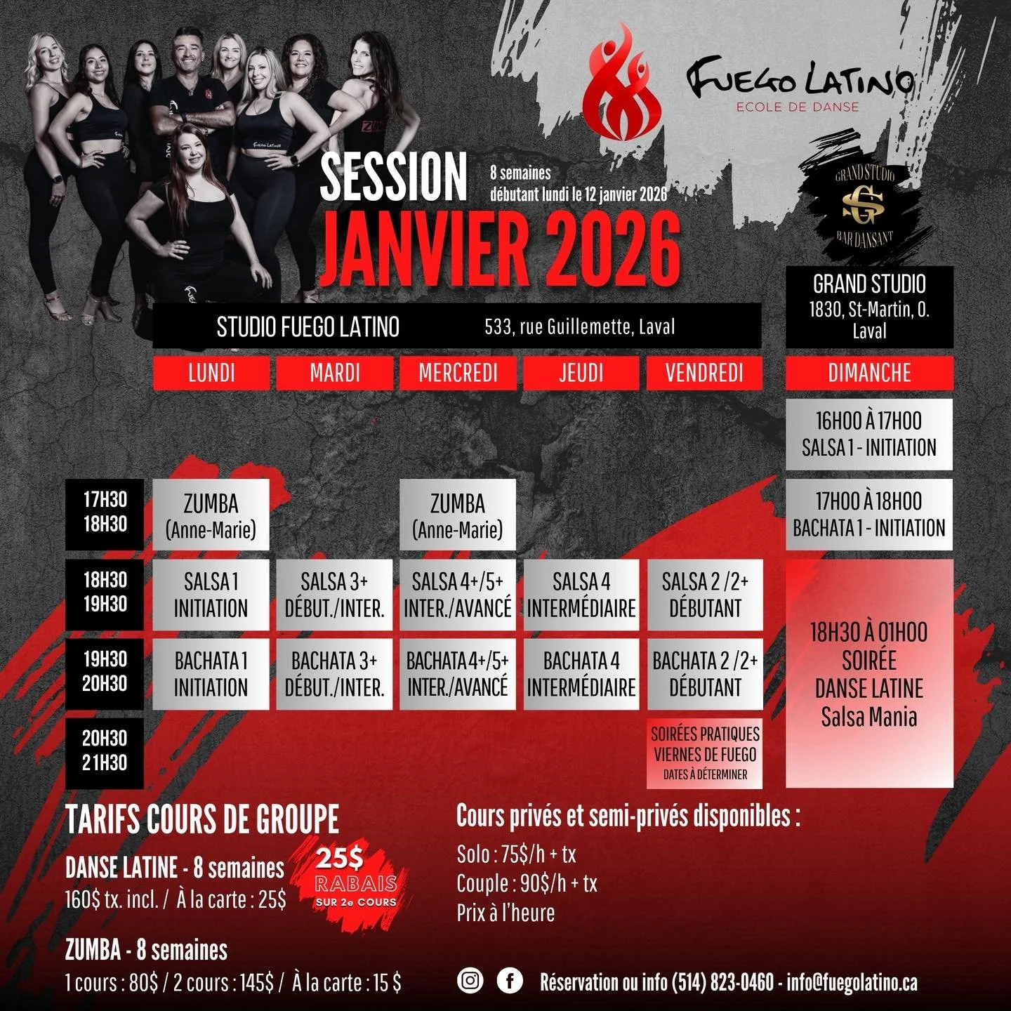 ✨ Nouvelle Session - Danses Latines ✨
🔥 Salsa &bull; Bachata &bull; Lady Styling &bull; &bull; Zumba 🔥

📝 Inscriptions en cours &ndash; Avec ou sans partenaire

📅 D&eacute;but des cours : 12 Janvier 2026
Venez bouger, vous amuser et apprendre dan