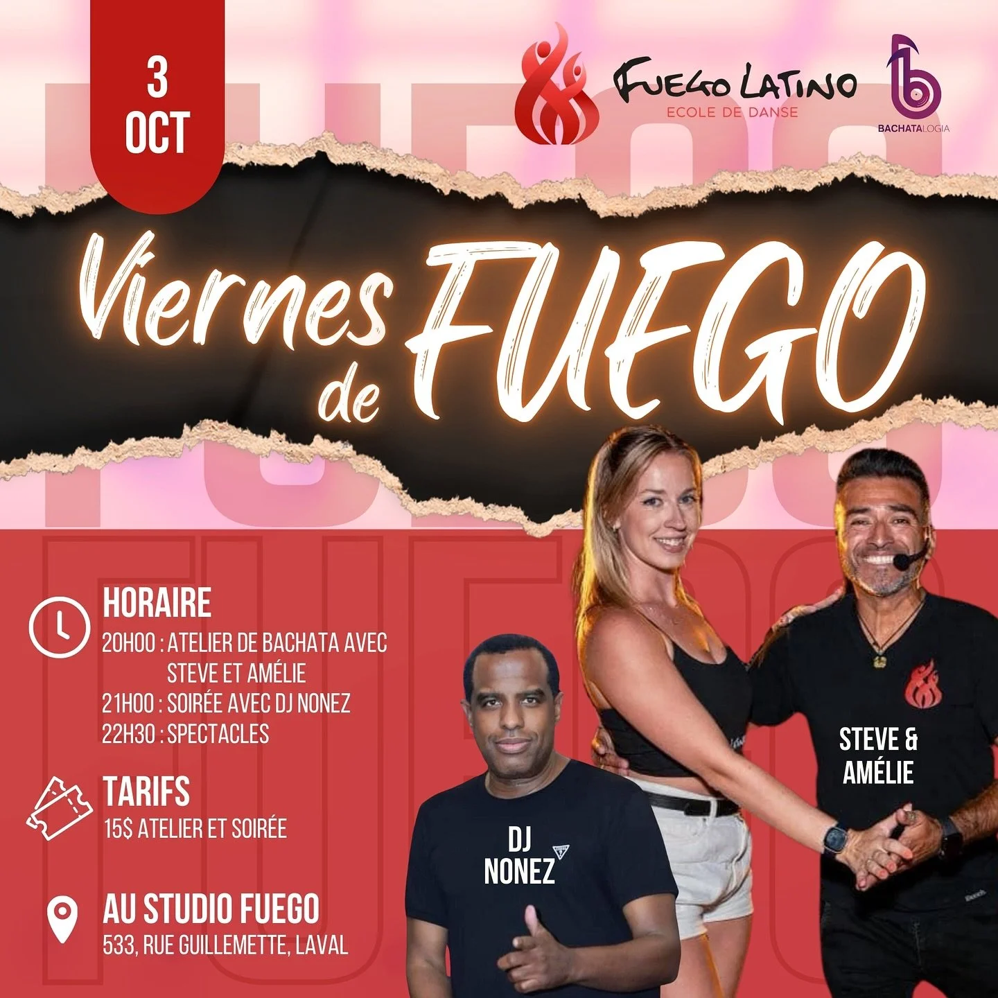 🔥 VIERNES DE FUEGO 🔥

Ce vendredi 3 octobre, pr&eacute;pare-toi pour une nuit explosive de danse et de plaisir! 💃🕺
Apporte ta consommation 🍷🥤 et viens faire vibrer le plancher avec nous!

🎶 DJ Jean Nonez aux platines pour te faire danser toute