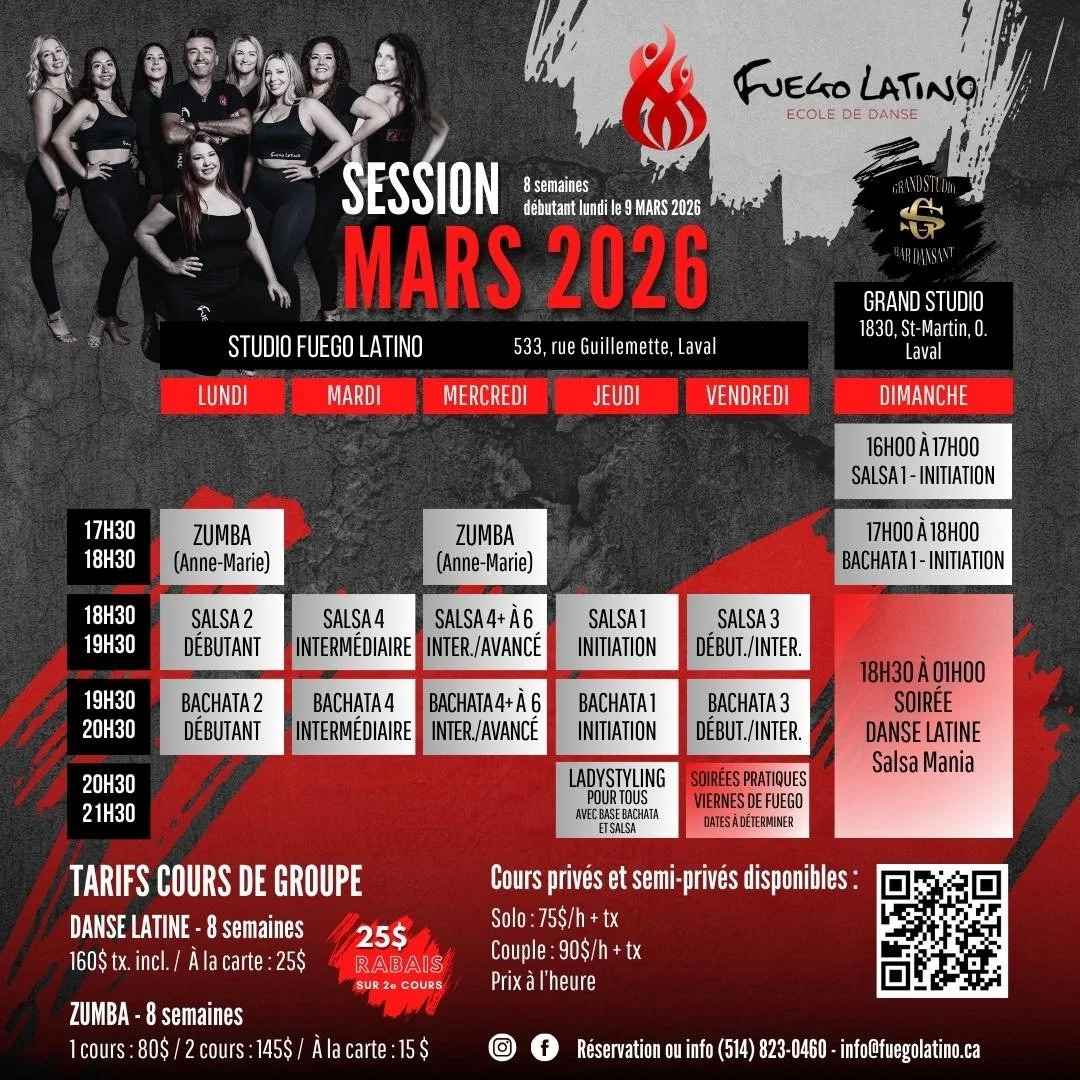 ✨ Nouvelle Session - Danses Latines ✨
🔥 Salsa &bull; Bachata &bull; Lady Styling &bull; &bull; Zumba 🔥

📝 Inscriptions en cours &ndash; Avec ou sans partenaire

📅 D&eacute;but des cours : 9 Mars 2026
Venez bouger, vous amuser et apprendre dans un