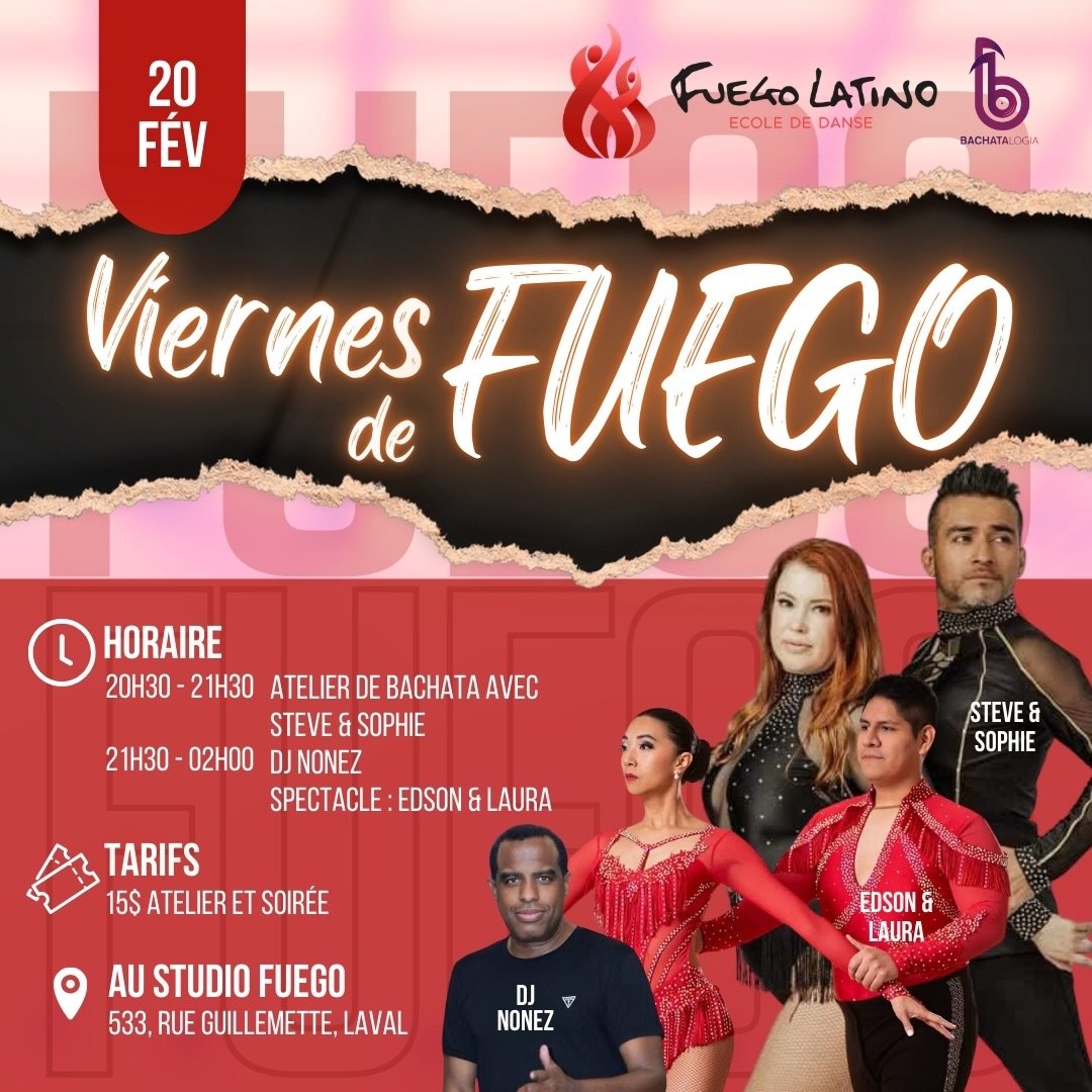🔥 VIERNES DE FUEGO 🔥
Ce vendredi 20 f&eacute;vrier, le Studio Fuego devient le point de rencontre de toutes les danses latines ❤️&zwj;🔥

✨ Salsa &bull; Bachata &bull; Kizomba &bull; Chachach&aacute; &amp; plus
Une soir&eacute;e pour danser, connec