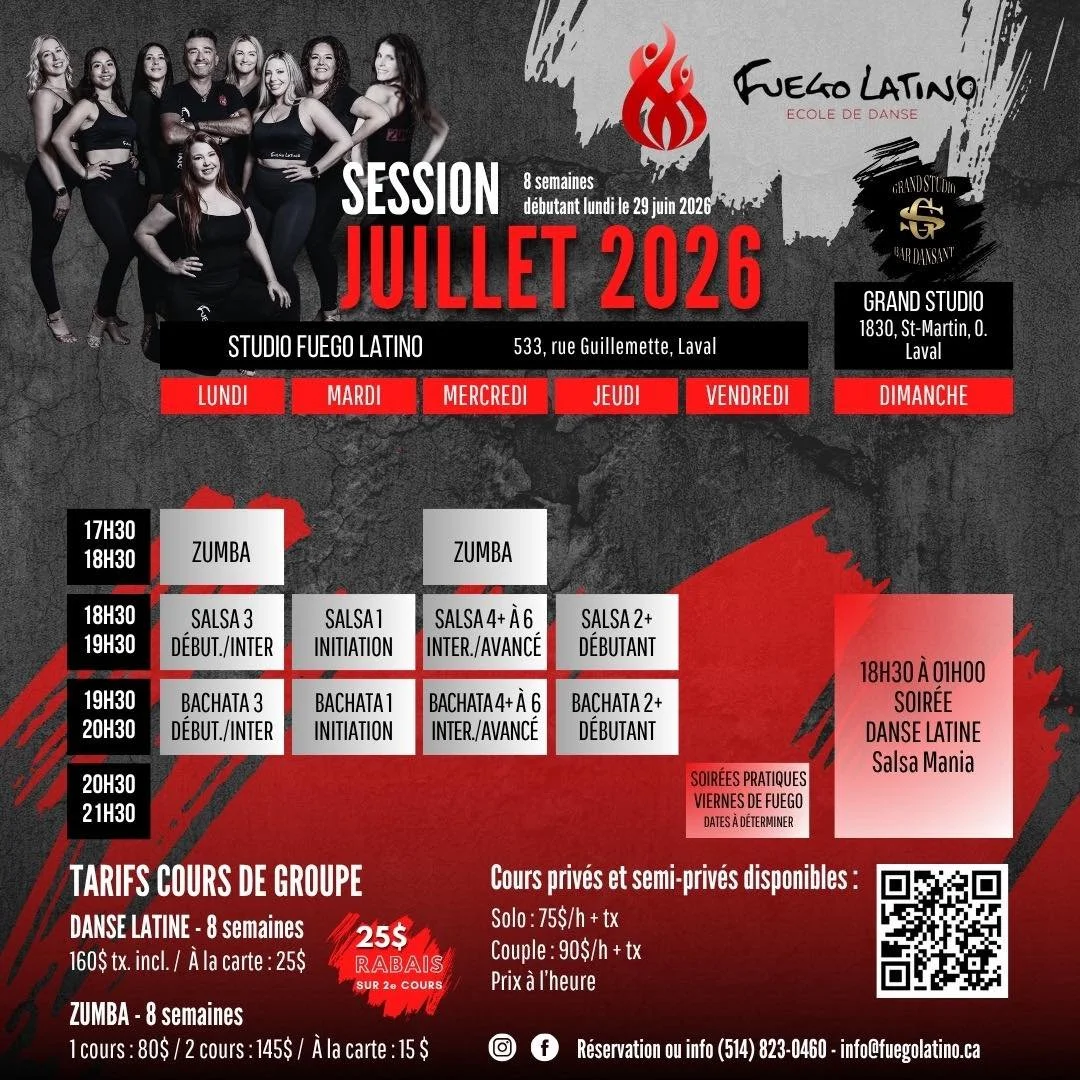 ✨ Nouvelle Session - Danses Latines ✨
🔥 Salsa&bull; Bachata &bull; Zumba 🔥

📝 Inscriptions en cours &ndash; Avec ou sans partenaire

📅 D&eacute;but des cours : 29 juin 2026
Venez bouger, vous amuser et apprendre dans une ambiance festive! 🎶💃🕺?