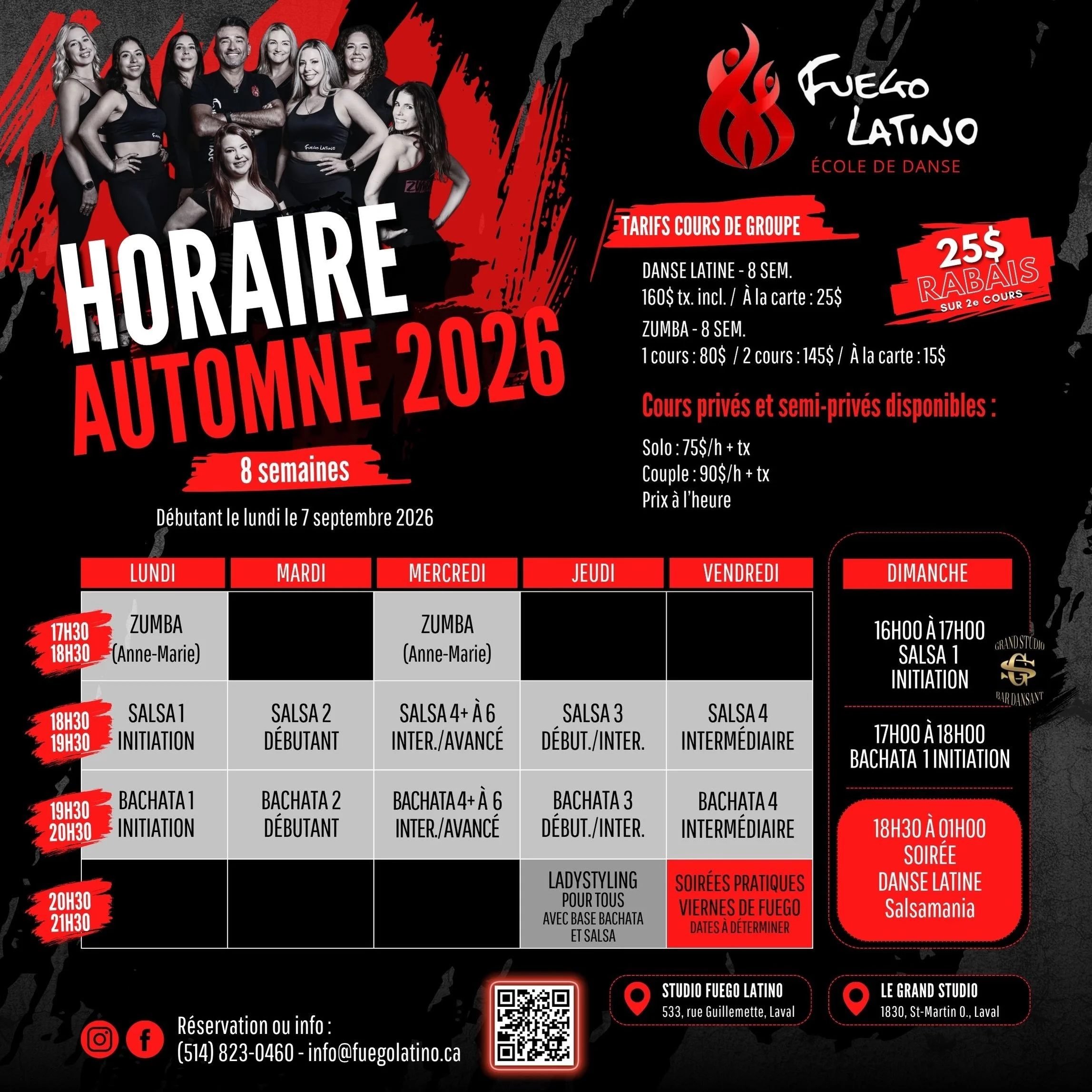✨ NOUVELLE SESSION &mdash; DANSES LATINES ✨
🔥 Salsa &bull; Bachata &bull; Lady Styling &bull; Zumba 🔥

📝 Inscriptions en cours &mdash; Avec ou sans partenaire !

📅 D&eacute;but des cours : 7 septembre 2026
Venez bouger, vous amuser et apprendre d