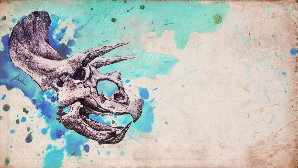 Triceratops: pens on sketchbook and watercolours on paper, assembled in Photoshop