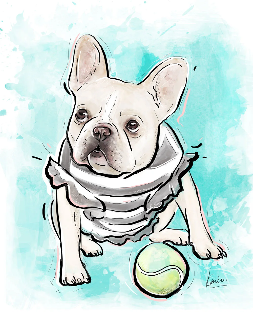 Pet Illustration: custom dog portrait commissioned artwork | Murrow the Frenchie - mixed media