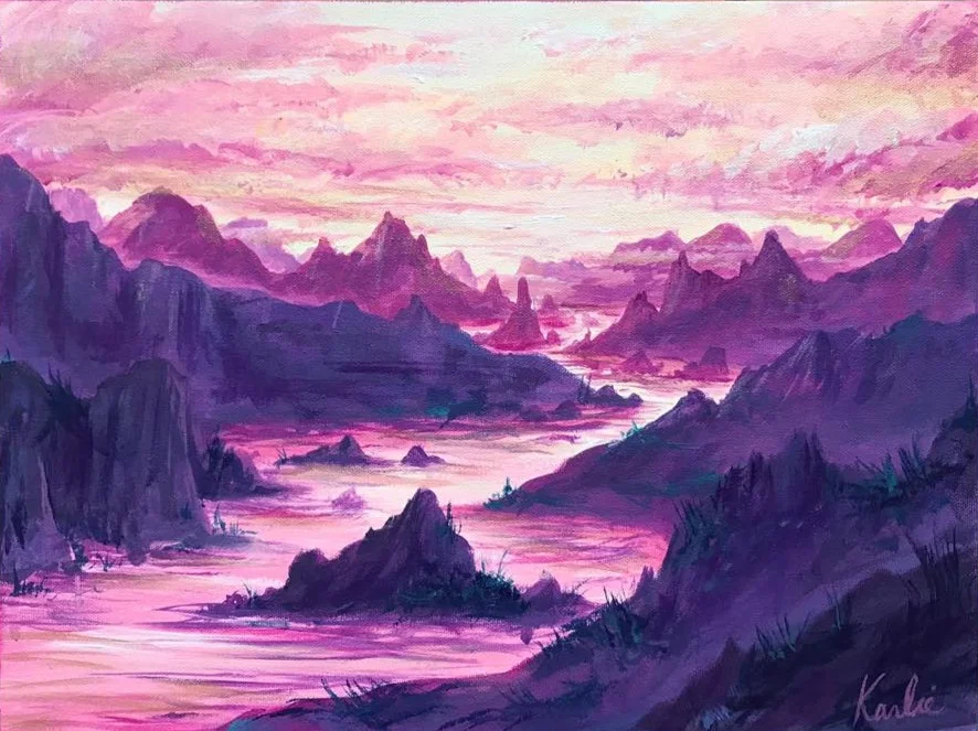 Rosy Landscapes: acrylic on canvas with accents of iridescent pink paint