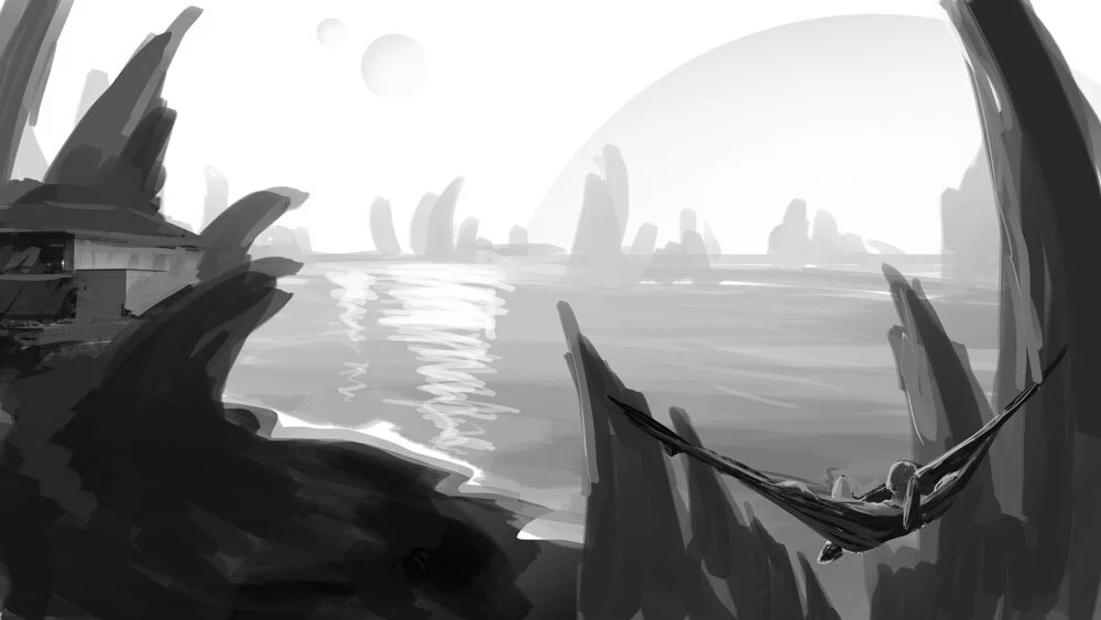 Circumbinary Stoneside Resort: matte painting as a part of the luxury travels on exoplanets project by Karlie Carpentier Rosin. This is the grey scale concept I created after waking up one morning imagining this landscape. Karlie started from this sketch to make the final image. As you can see, this is a very quick illustration just to get the general idea down and get the feel for what the composition will be.