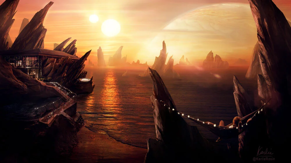 Circumbinary Stoneside Resort: matte painting as a part of the luxury travels on exoplanets project by Karlie Carpentier Rosin. This concept is set on one of the moons of exoplanet Kepler 16-b which is known to be in orbit of a two star system called circumbinary system. Kepler 16-b is the first discovery of an exoplanet that orbits two stars and is located in the constellation Cygnus. Imagine being able to watch the double sunset while hanging out on a hammock or chilling in the stoneside hot tub? The luxury feeling is elevated as you watch the duo suns set with twinkle lights and champagne, while enjoying your private beach side residence, located on its own private island with sky rise stones.