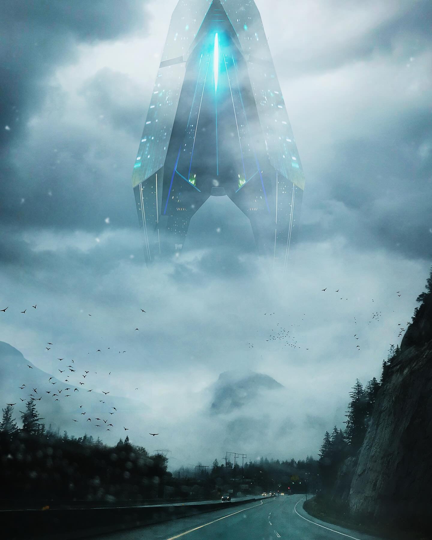 Just a casual drive up the Sea to Sky Hwy to Whistler ✨🛸 imagine seeing this peering through the mist and clouds while driving through the mountains 👀

A quick practice concept I made last week. Original pic is my own taken on my way to Whistler on