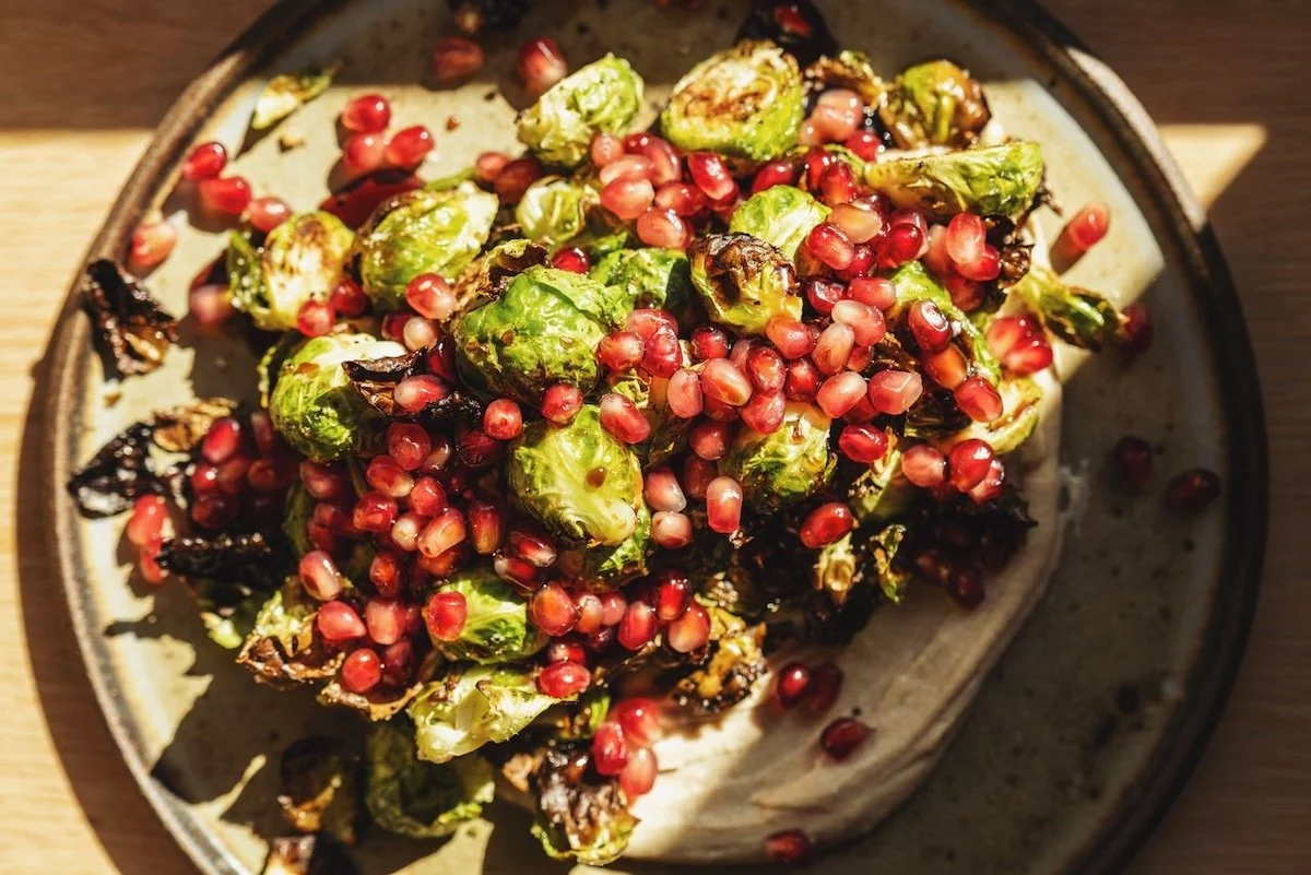 roasted brussels sprouts with tahini and pomegranate hitchcock farms recipe