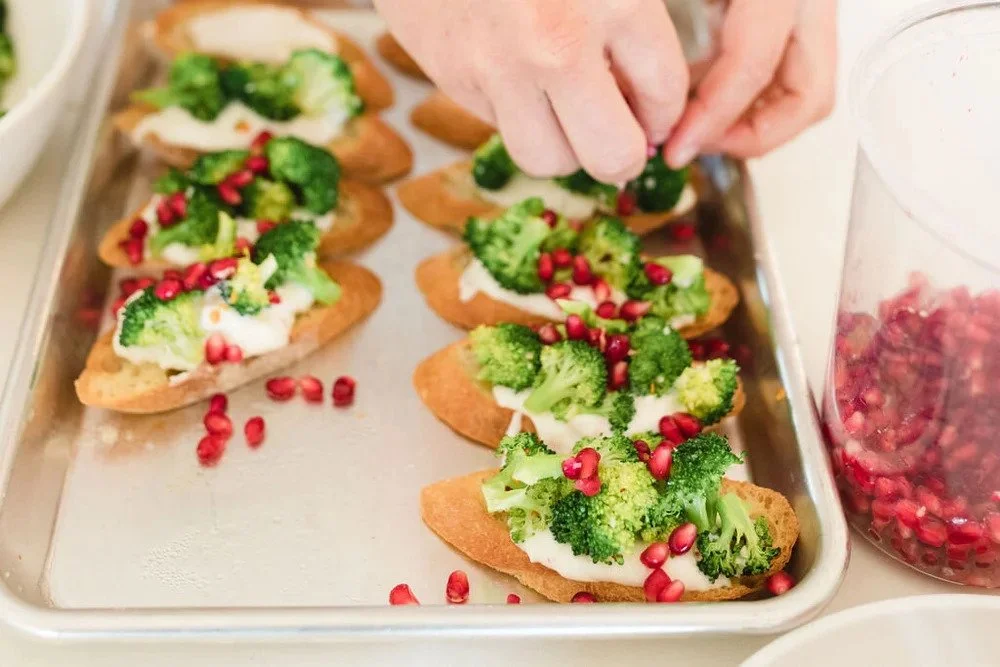 Broccoli Burrata Crostini with Pomegranate Seeds