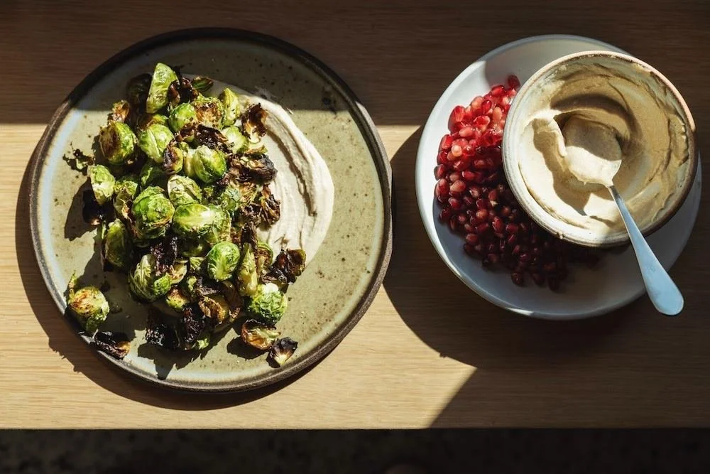 brussels sprouts with tahini and pomegranate