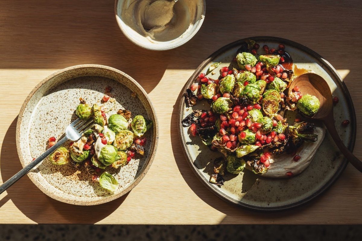 roasted brussels sprouts with tahini and pomegranate