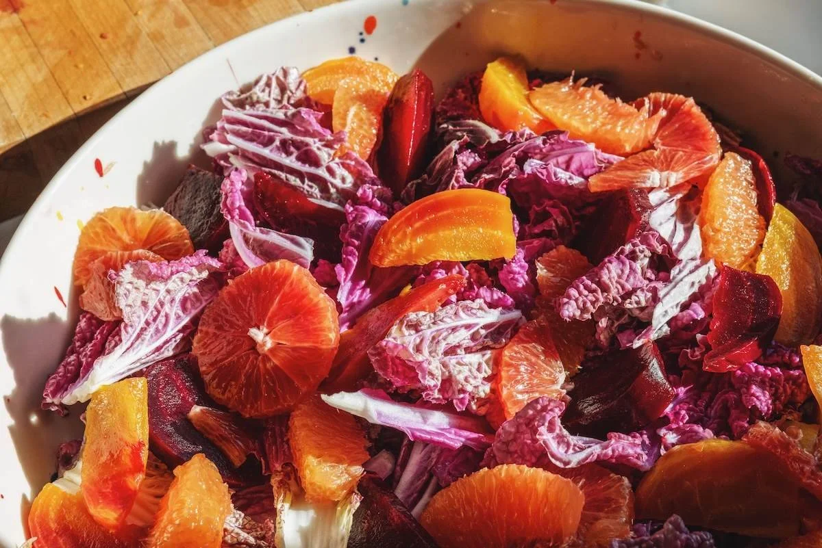 purple napa salad with beets burrata and citrus hitchcock farms