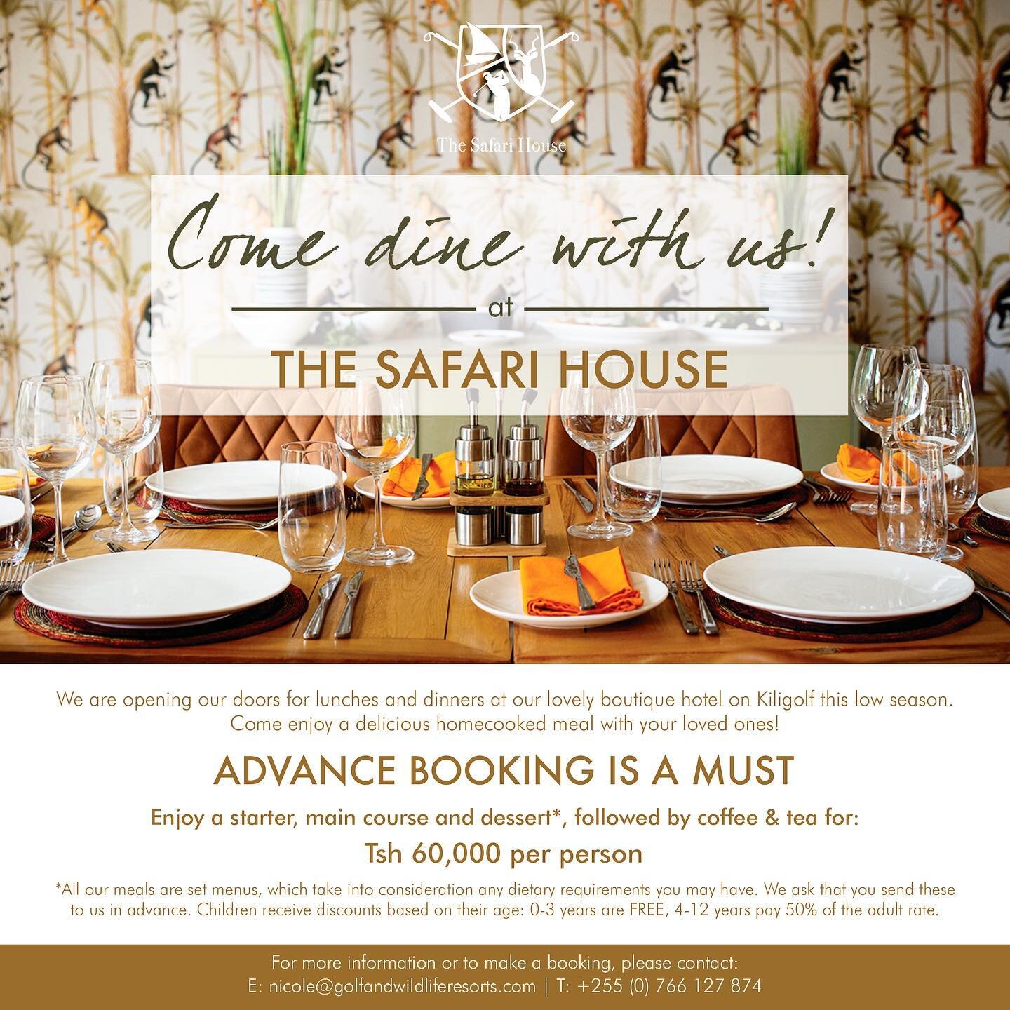 𝓒𝓸𝓶𝓮 𝓭𝓲𝓷𝓮 𝔀𝓲𝓽𝓱 𝓾𝓼! 🍽️

The Safari House is opening its doors for lunches and dinners this low season. Come enjoy a delicious homecooked meal with your loved ones!

𝗔𝗱𝘃𝗮𝗻𝗰𝗲 𝗕𝗼𝗼𝗸𝗶𝗻𝗴 𝗥𝗲𝗾𝘂𝗶𝗿𝗲𝗱

Enjoy a starter, main c