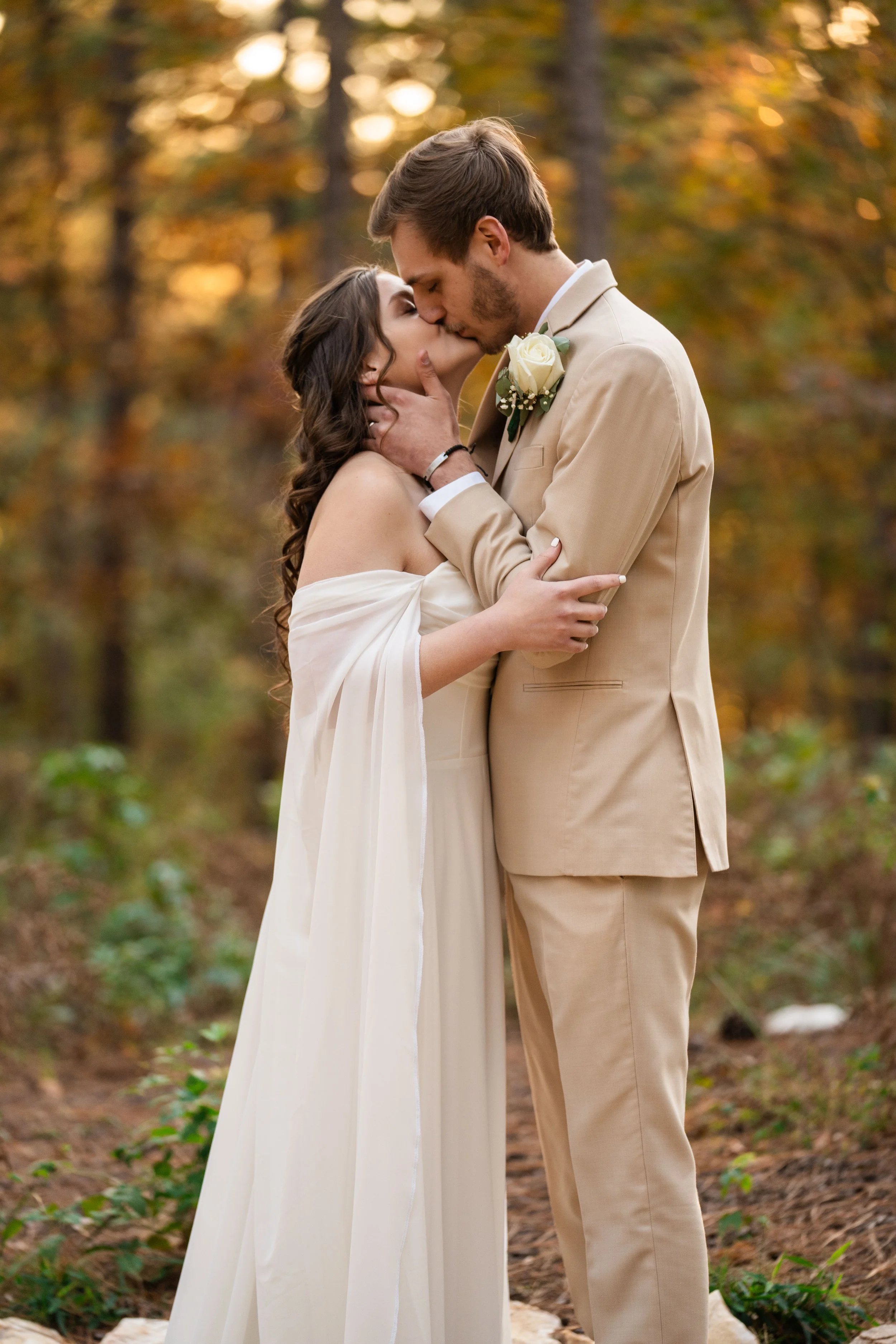 Warm Fall wedding with flowy Greek goddess wedding gown