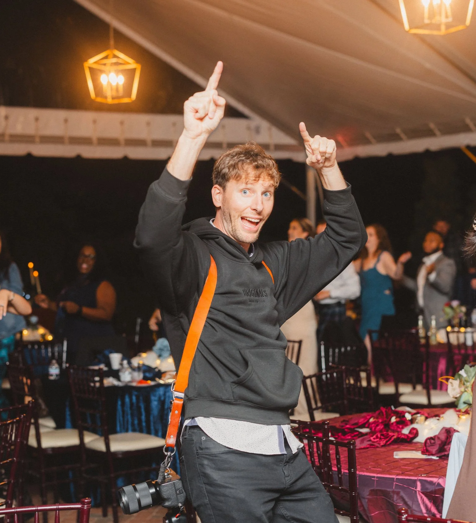 Ryan Harville Wedding Photography, photographer dancing at wedding with couple, outdoor wedding reception dancefloor