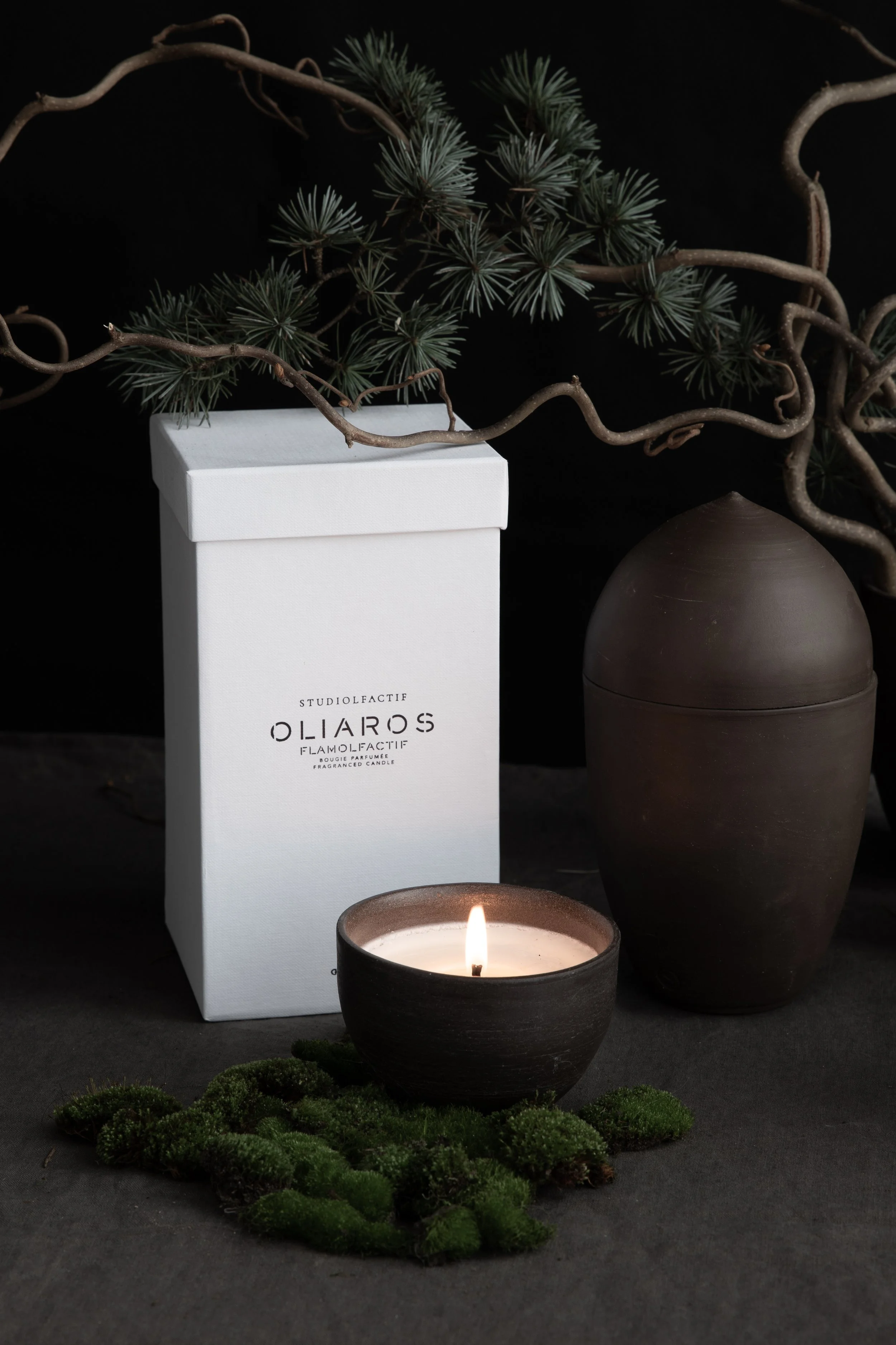 A lit candle in a black ceramic holder is placed on a patch of green moss. Nearby is a tall white box labeled "OLIAROS FLAMOLFACITIF" and a closed, dark brown ceramic container. Overhanging the setup are dried branches with pine needles against a dar