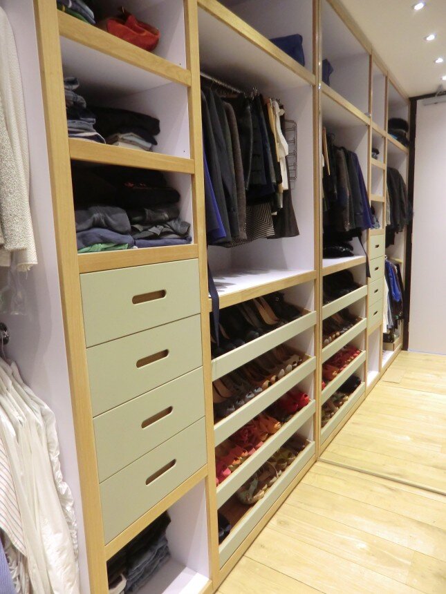 Copy of  Walk in wardrobe with suede paint drawer fronts and pull out shoe shelves