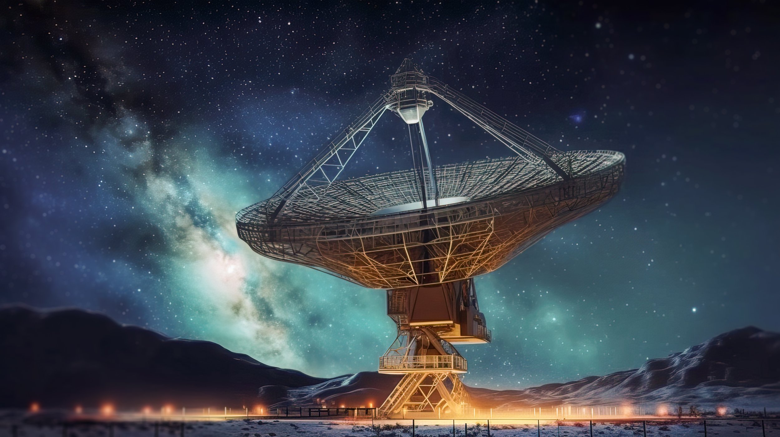 Big telescope, a large satellite dish against the night sky trac