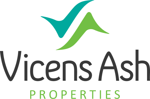 Logo of Vicens Ash Properties featuring two stylized checkmarks, one blue and one green, with the company name below.