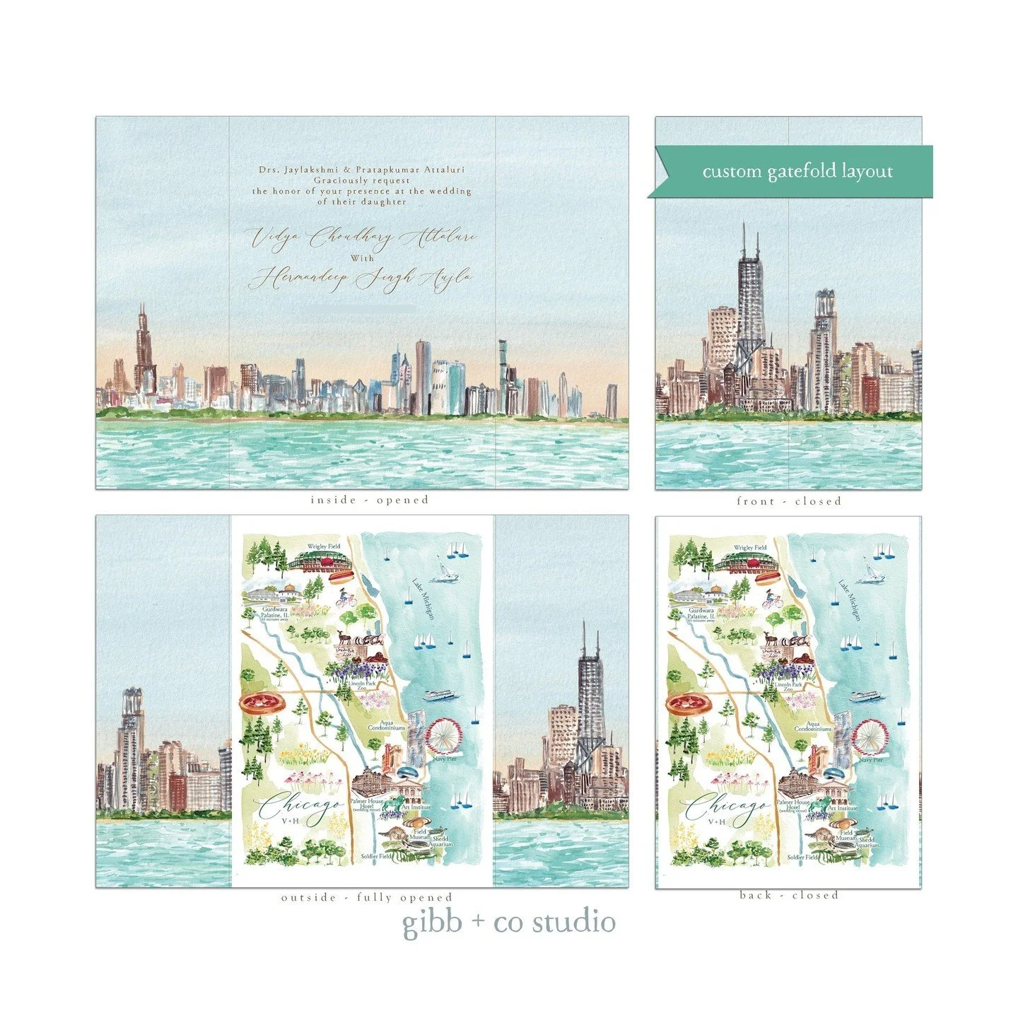 Custom trifold mockup for a client's Chicago wedding event.