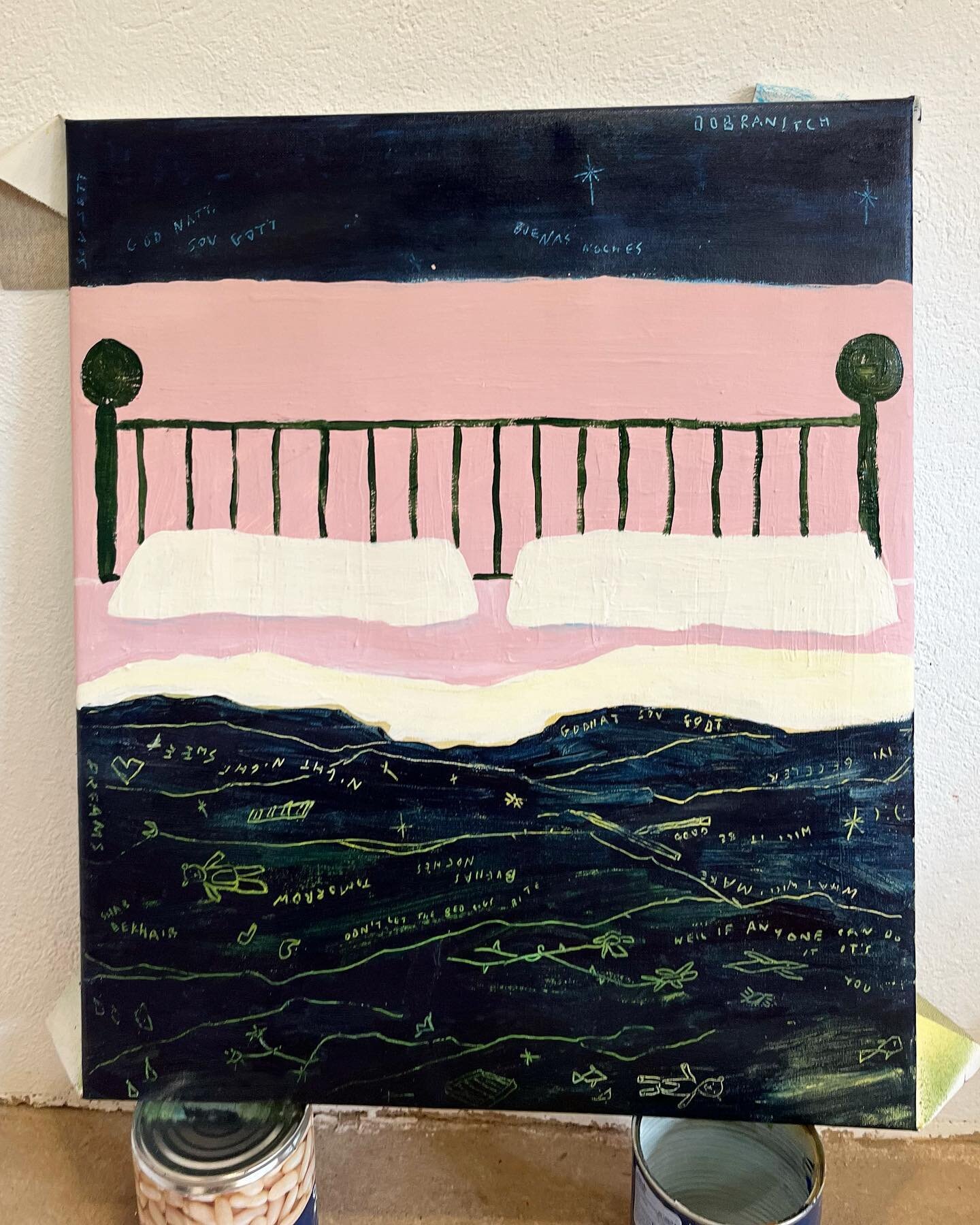 The first painting I did at @casa.balandra 🛏 a month with magic women. Good night greetings in different languages are etched into the paint of the bedsheets(/sea) and sky- Spanish Ukrainian Farsi Swedish Danish Turkish &amp; English. What a special